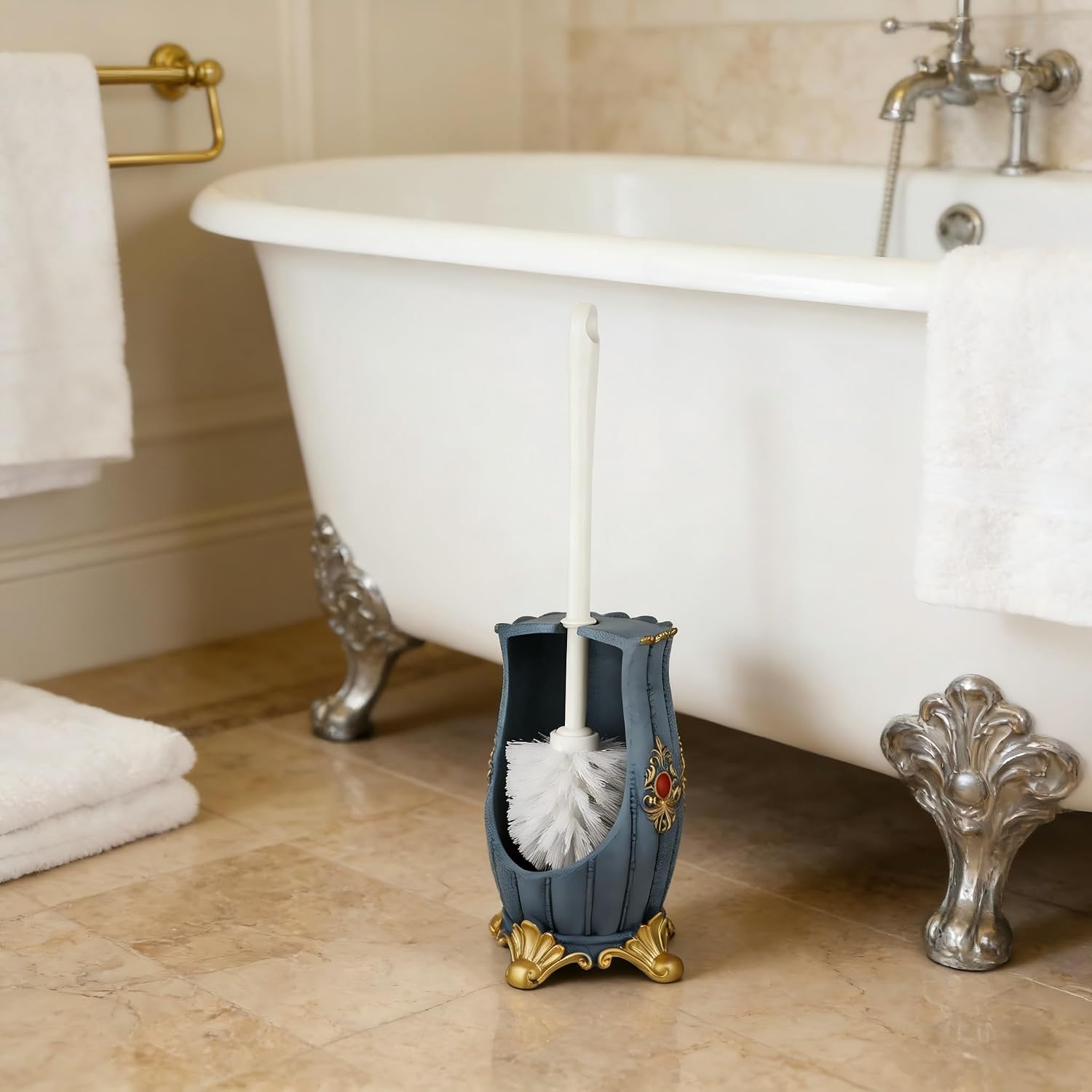 Vintage Toilet Brush Holder Set for Bathroom, Baroque Stylish Toilet Cleaning Brush and Holder with Wide-Mouth Storage Heavy Solid Base (Blue & Gold)