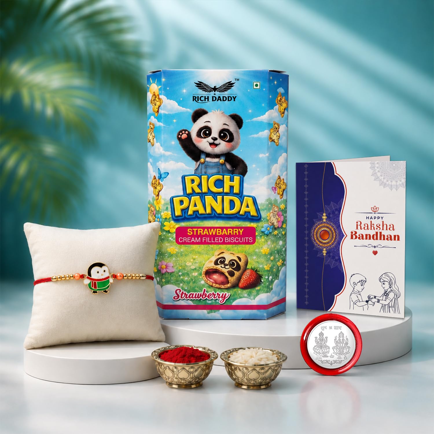 Garth Kids Multicolor Rakhi for Brother & Bhaiya with Strawberry Cream Filled Biscuit 60gm - Raksha Bandhan Gift Set with Roli Tikka, Pooja Coin & Greeting Card, Pack of 5 (853)-image-28