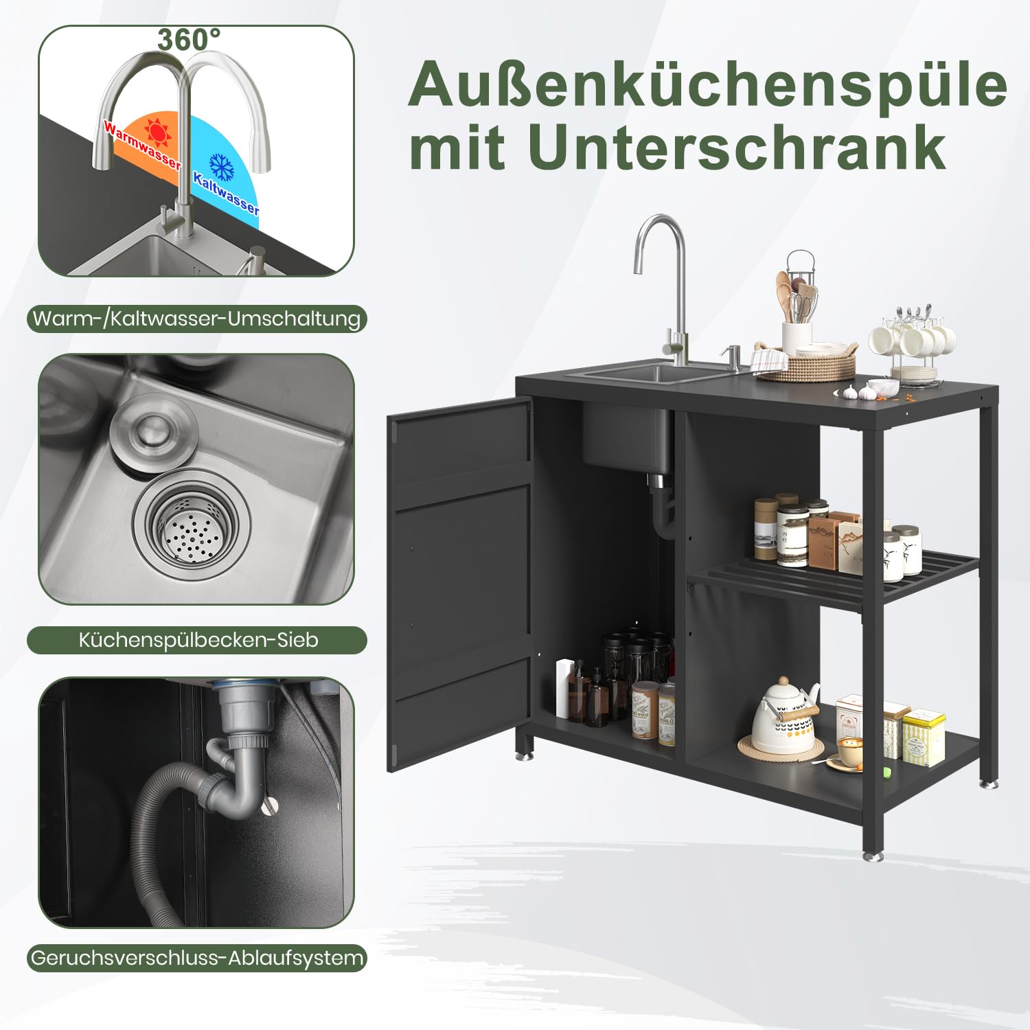 Grilltisch mit Spüle & Wasserhahn für Outdoor Küche, BBQ Beistelltisch mit Stauraum, Höhenverstellbar, Schwarz