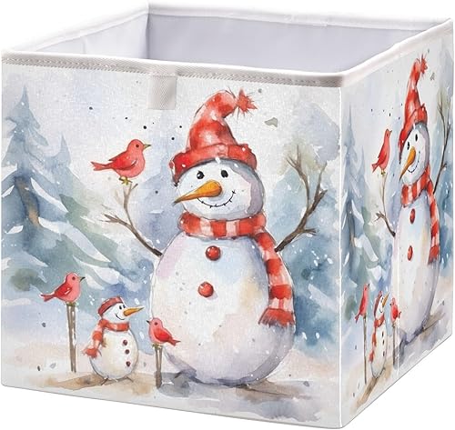 Emelivor Christmas Snowman Birds Cube Storage Bin Fabric Storage Cubes Foldable Storage Box Large Closet Organizers Baskets Containers for Shelves