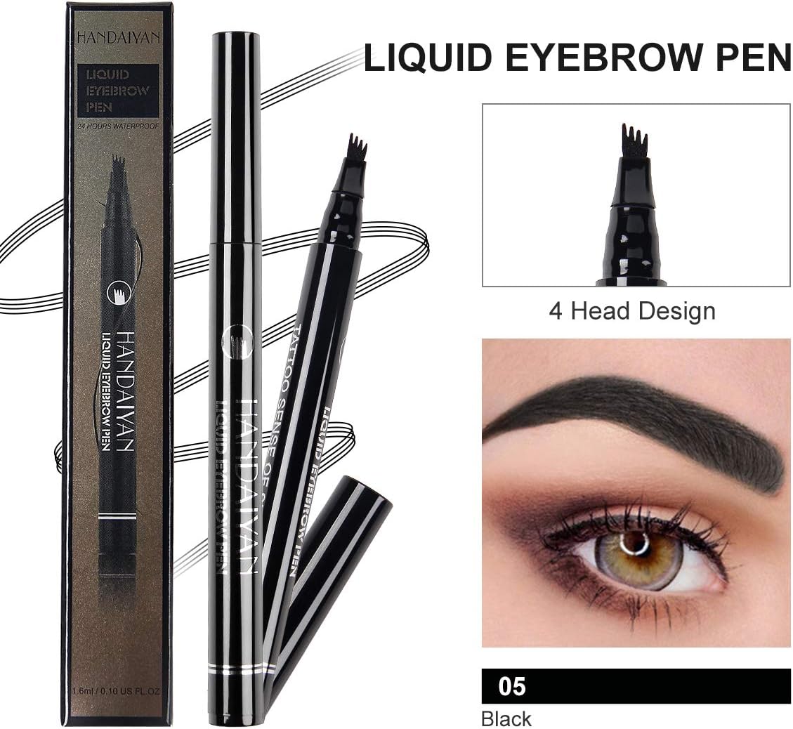HANDAIYAN Liquid Eyebrow Pen, 1Pcs Eyebrow Tattoo Pen with 4 Tips 24 Hours Waterproof Brow Pencil for Eyes Makeup (05 Balck)