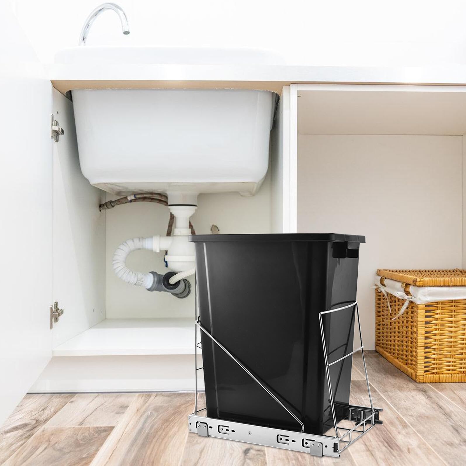 Ausziehbarer Mülleimer 7-11 Gallonen Kapazität aus Edelstahl Auszug mit Korb Verstellbar Modernes Design Praktischer Schrankeinsatz für Küche für Küchenschrank unter Spüle