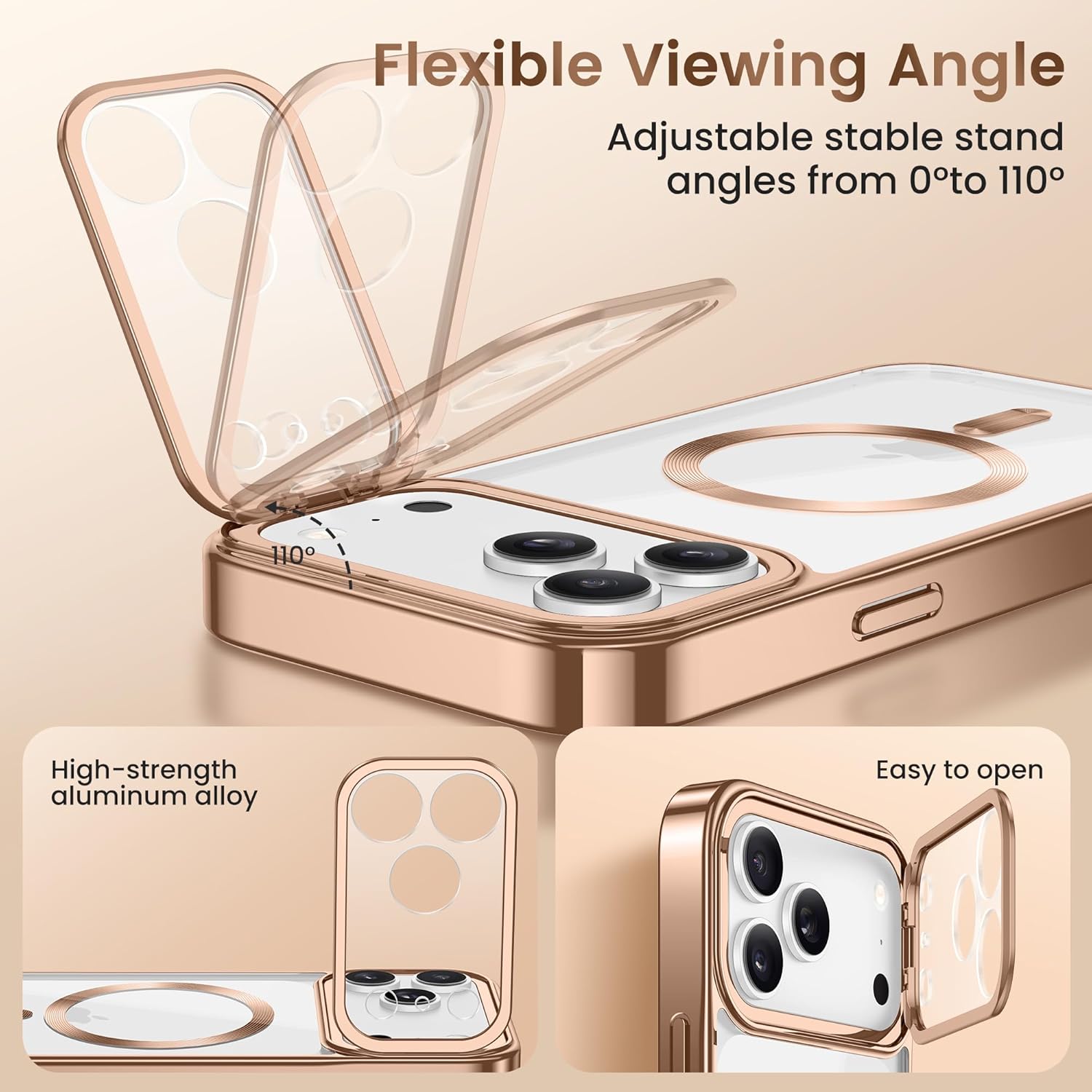 GolbinBox for iPhone 17 Pro Max Case with Stand, Compatible with MagSafe, Camera Control Button, Military-Grade Shockproof Protection, Plating Edge Phone Cover for 17 Pro Max 6.9'', Rose Gold/Clear