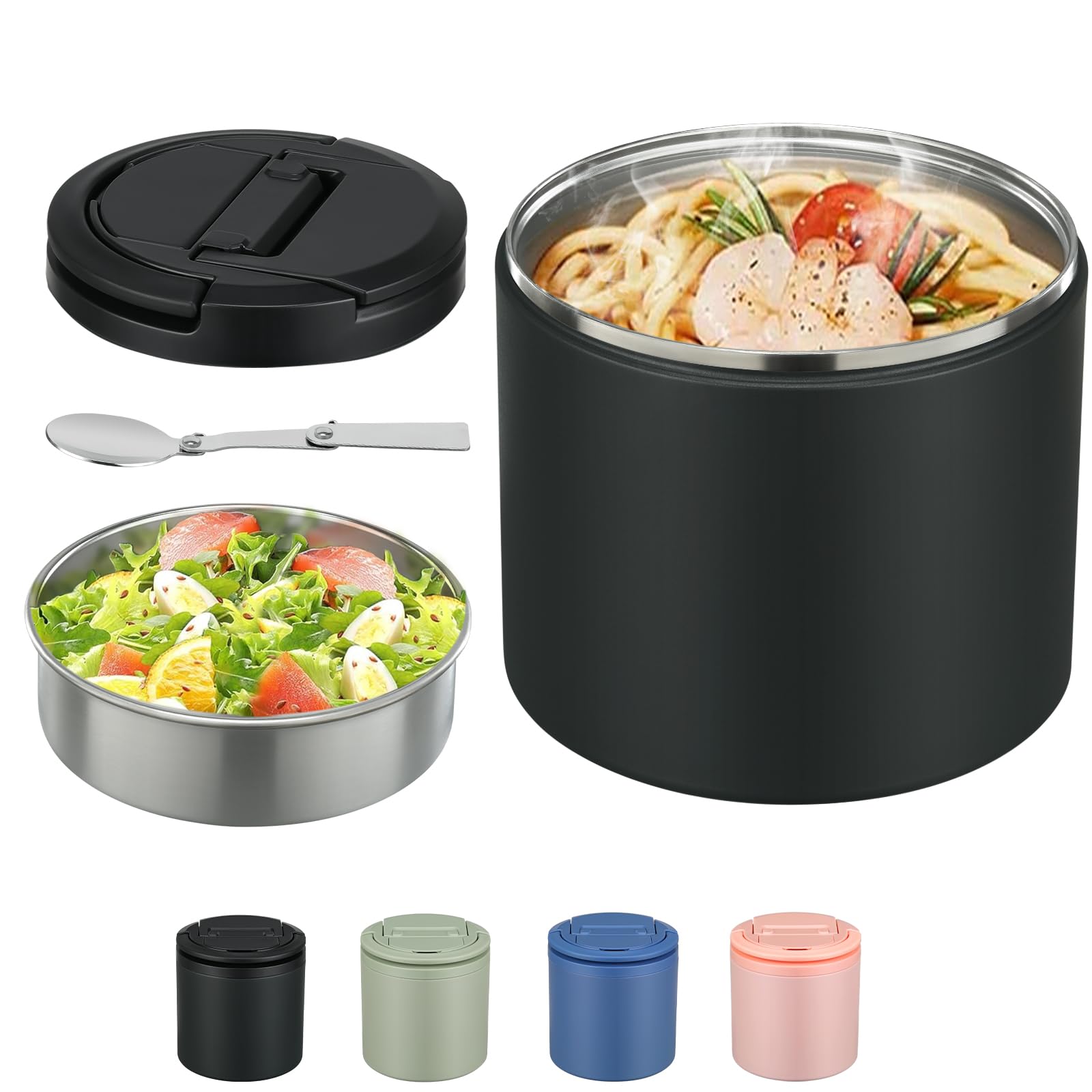 Suppen-Thermobehälter für heiße Speisen, Erwachsene, 1,2 l, breit, thermoisolierte Behälter, auslaufsicher, Vakuum-Edelstahl, mit Tragegriff und Löffel, BPA-frei (schwarz)