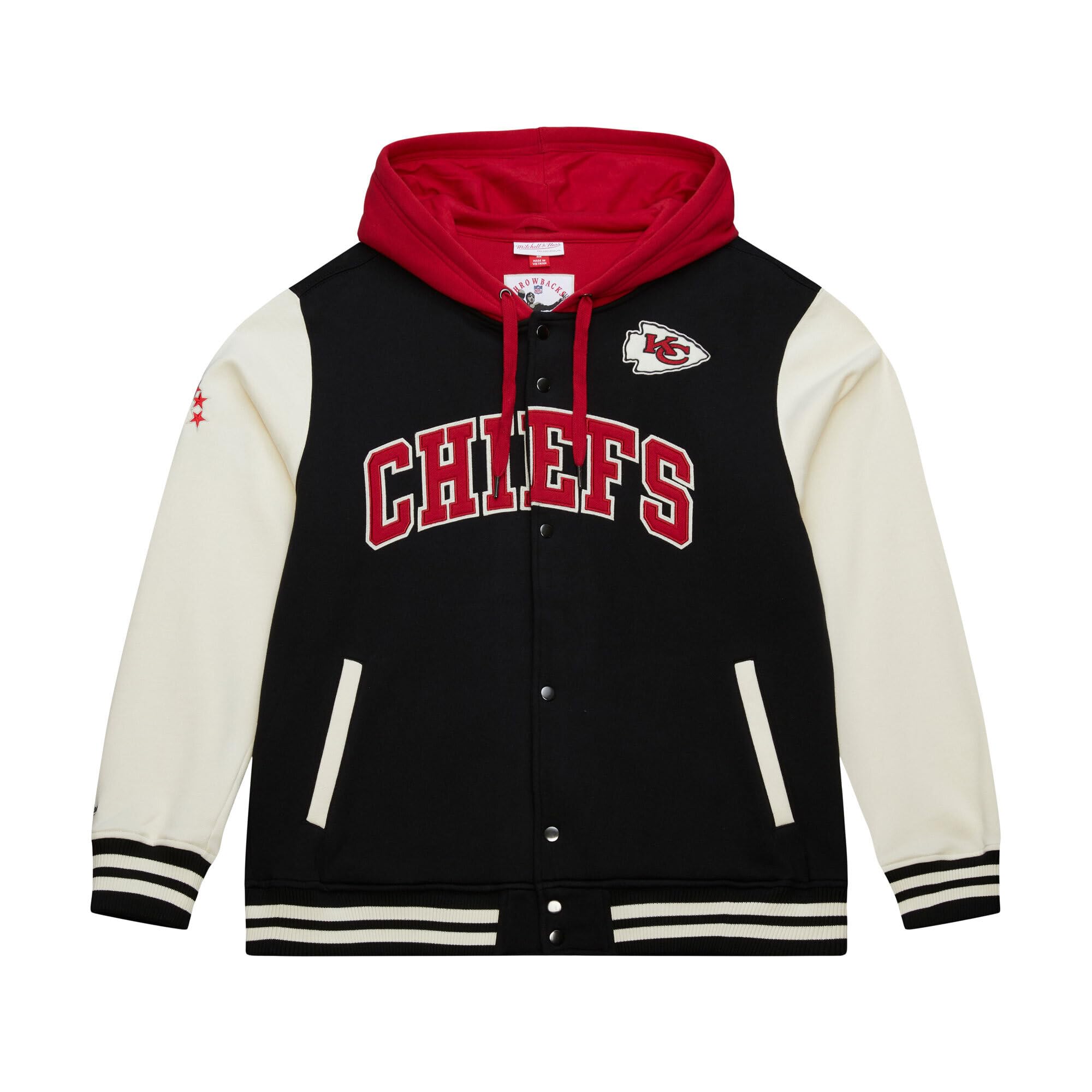 Mitchell & Ness Courtside Fleece NFL Vintage College Jacke mit Kapuze, farblich abgesetzte Ärmel, Druckknopf Verschluss, Herren, Frauen, Kinder, Unisex, Frühling, Sommer, Herbst, Winter