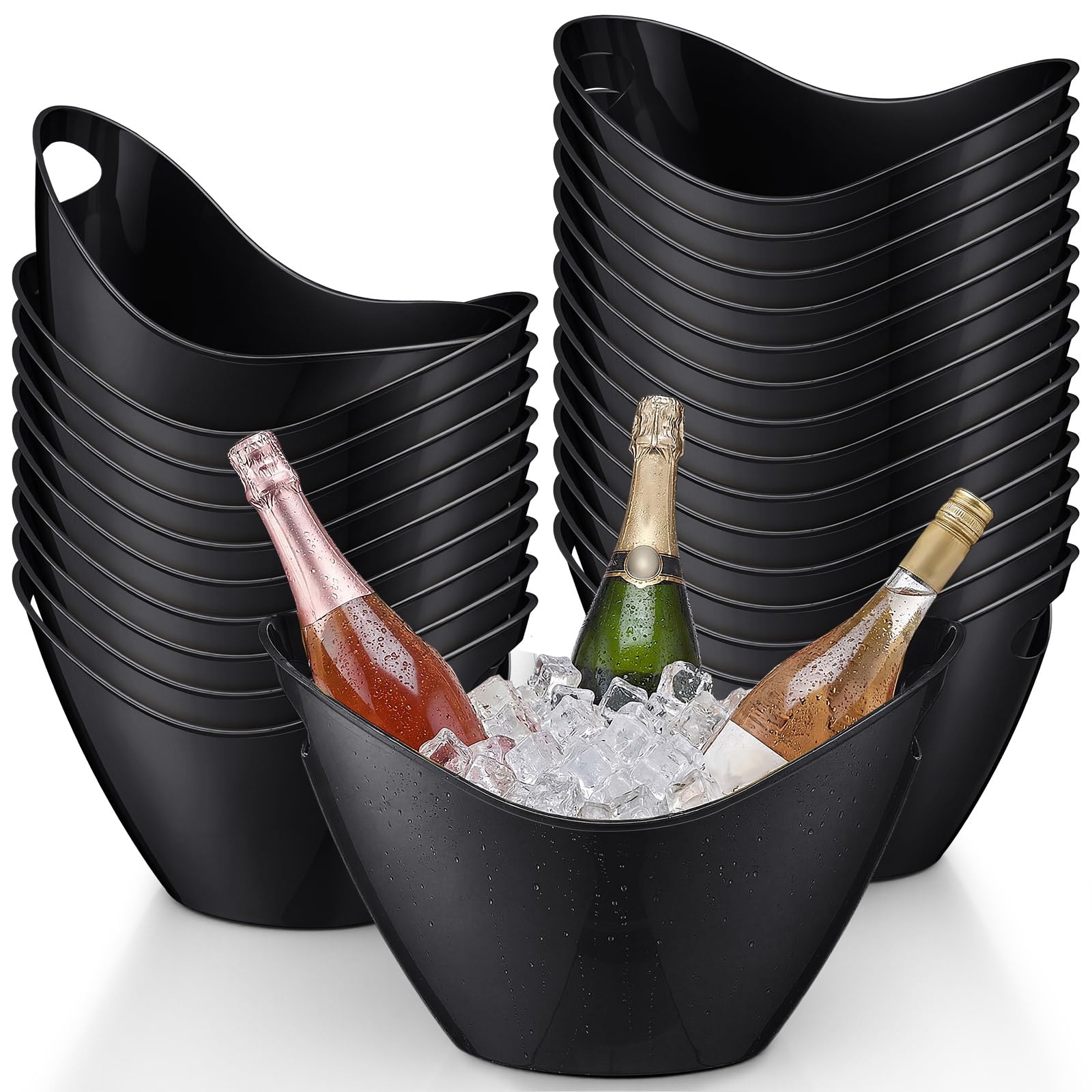 meekoo 24 contenitori ovali con manici, secchielli per ghiaccio da 4 l, in plastica, per vino, birra, champagne, bevande rinfrescanti, per feste, bevande, per interni ed esterni, cocktail bar (nero)