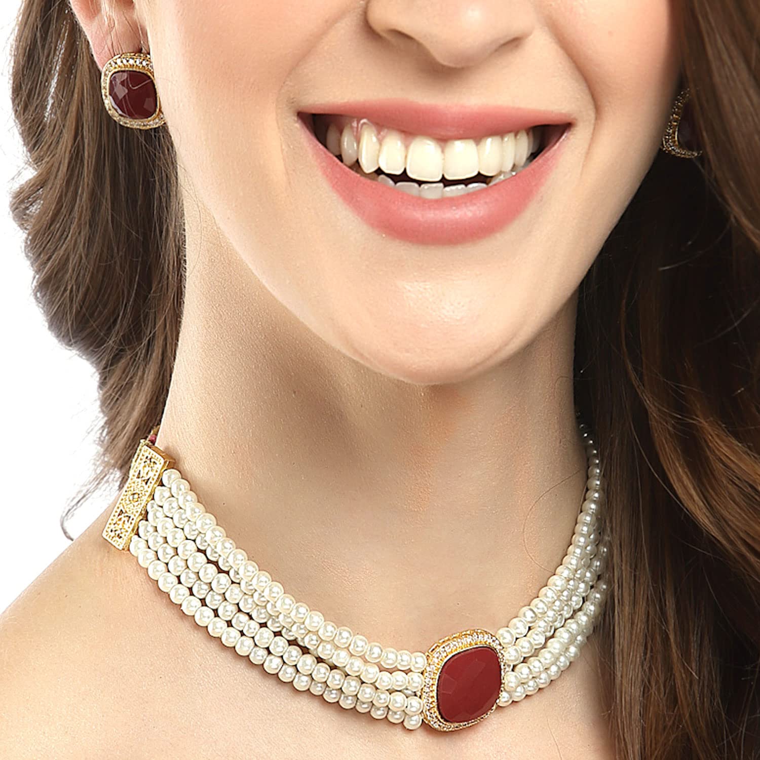 Pearl Beaded Chain Green American Diamond Necklace & Earring Set