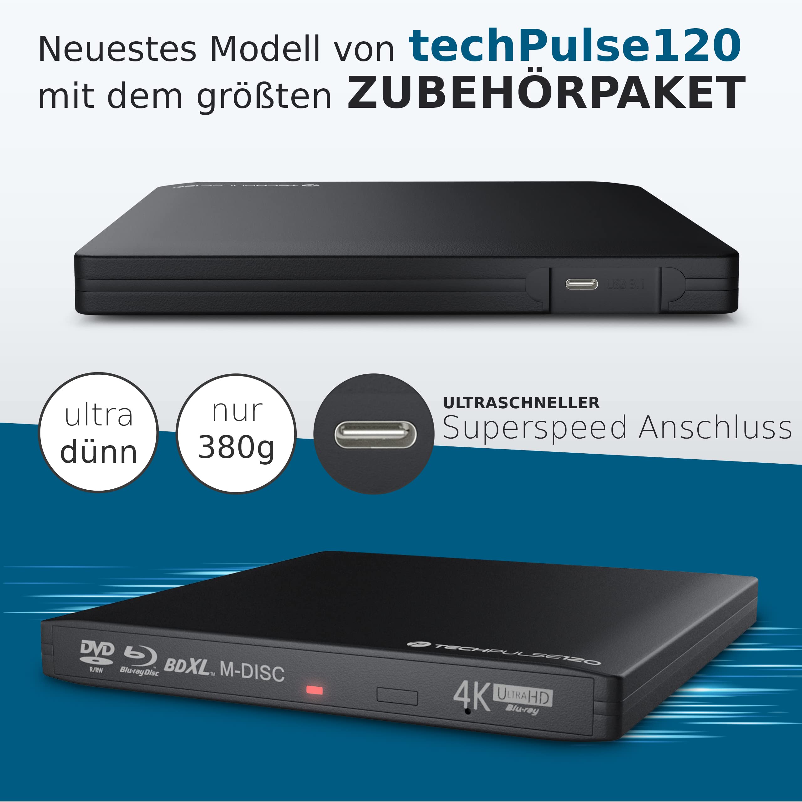 techPulse120 Externes USB 3.1 USB-C UHD 4k 3D M-DISC Blu-ray DVD CD BDXL HDR10 128GB Laufwerk Brenner Burner Superdrive BD Imperator Paket Tasche 90cm Anschlusskabel Aluminium Schwarz