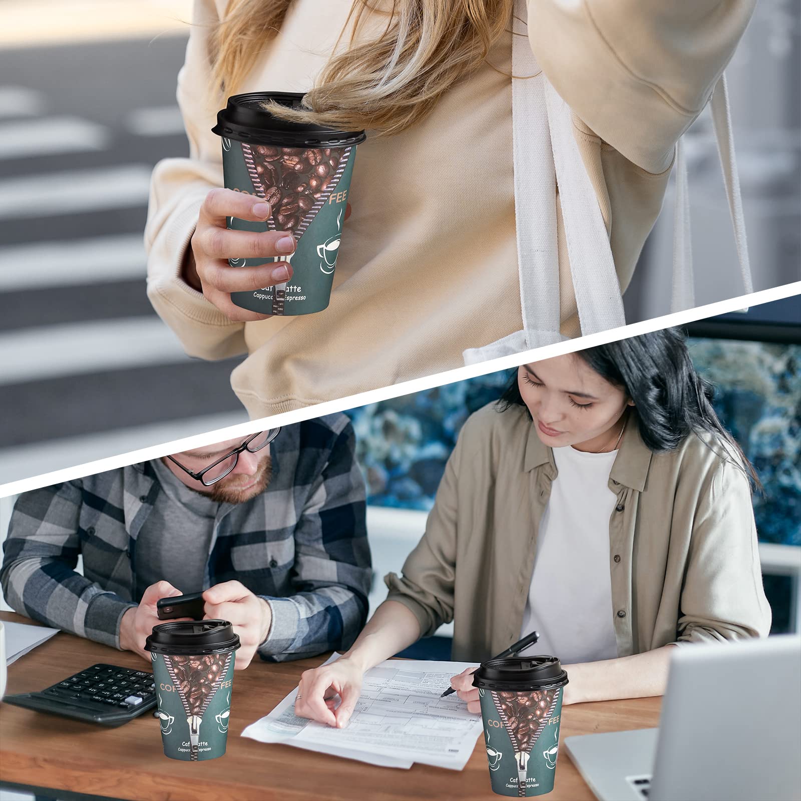 Lamosi 12 oz Coffee Cups with Lids,Sleeves -100 Pack Disposable Coffee Cups To Go Insulation Coffee Cups for Shops, Cafes, and Hot/Cold Drink(Green)