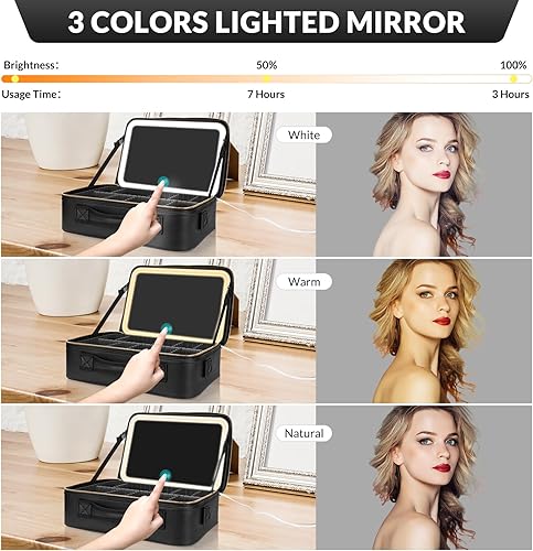 Miniatura 4 de Estuche de maquillaje grande de 14.6 x 10.3 pulgadas, color negro con espejo iluminado, bolsa de maquillaje profesional de viaje con luz LED, 3