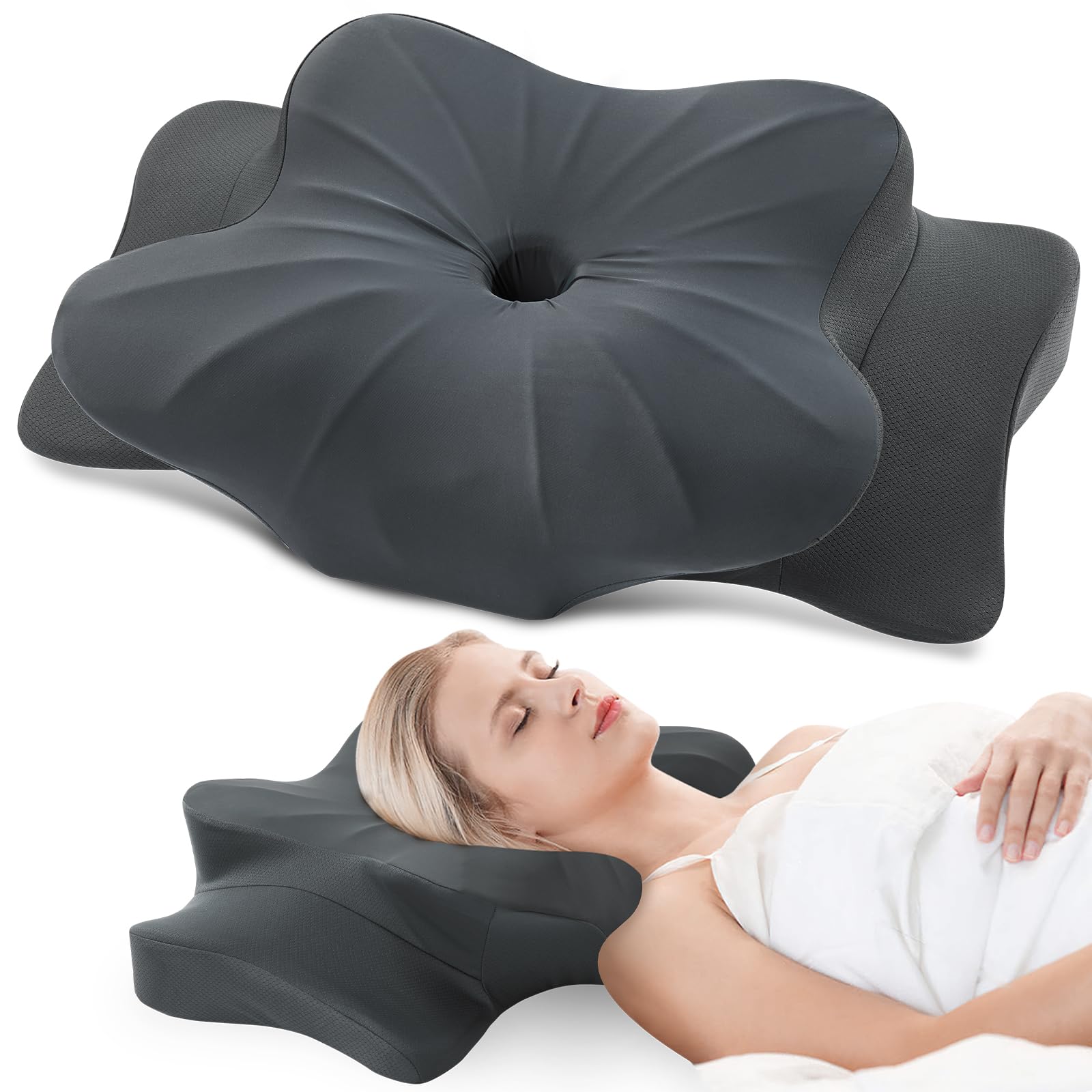 DONAMA Cuscino Cervicale per Dormire, Cuscino Ergonomico Cervicale per Dormitori Laterali, Supini e Proni, Cuscino per Cervicale con Federa Sfoderabile e Lavabile, 63 x 38 x 9/14 cm, Grigio Scuro