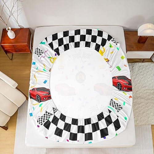 Miniatura 6 de Juego de sábanas de 3 piezas con diseño geométrico a cuadros de coche de carreras rojo para niños, niñas y adultos, juego de sábanas coloridas de 3