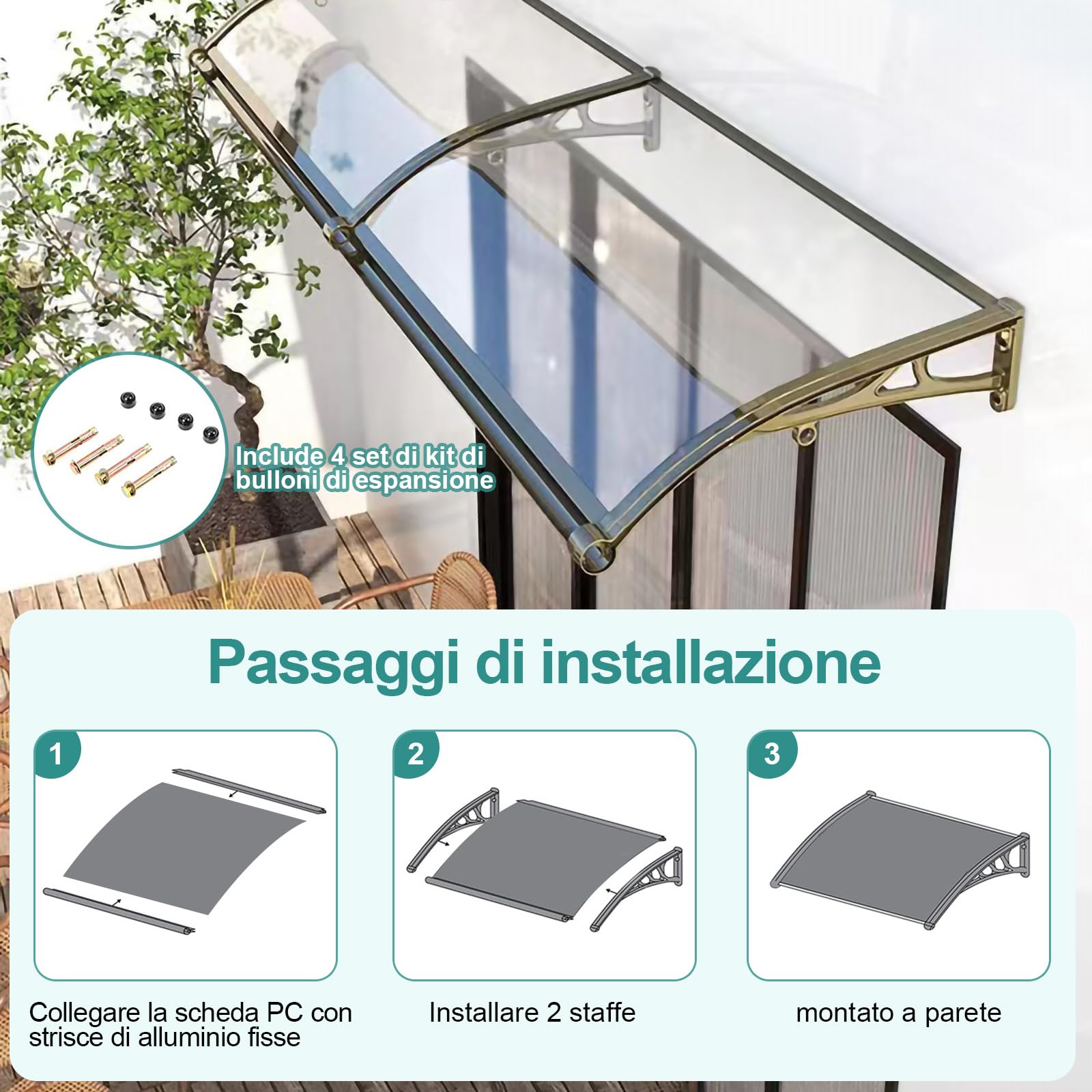 Tettoia per Esterno, Pensilina da Esterno, Pensilina, Staffa in lega di alluminio+Policarbonato, Resistente ai raggi UV/alla pioggia, Tettoia per Esterno/Porte/Balcone/Finestre