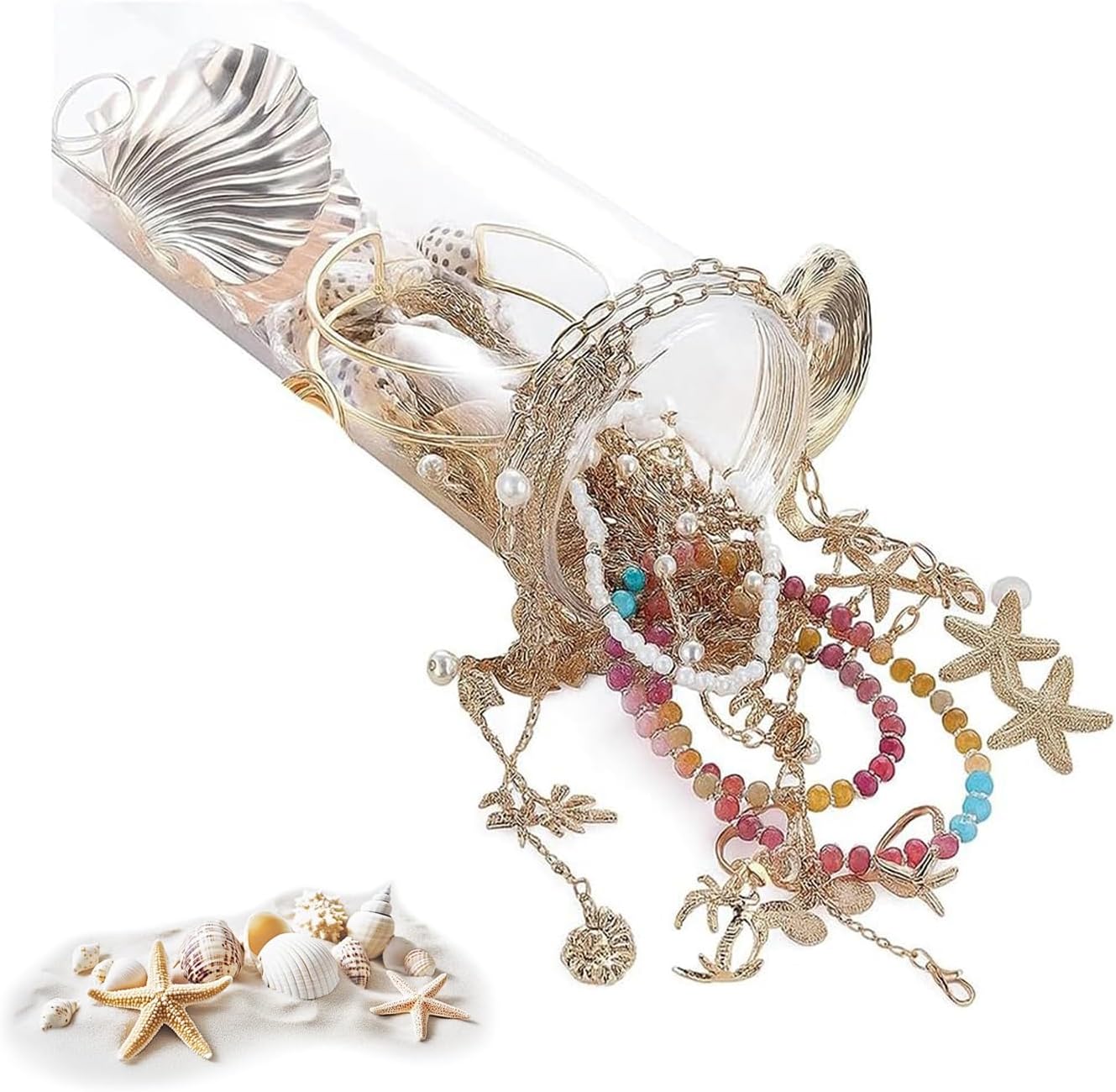 Ocean Mystery Jewelry Jar, Boho Style Surprise Box Mystery Jars Full of Jewelry (Necklace, Bracelets, Earrings, Rings) Romance From The Ocean Accessories for Women (20 Random Pieces)