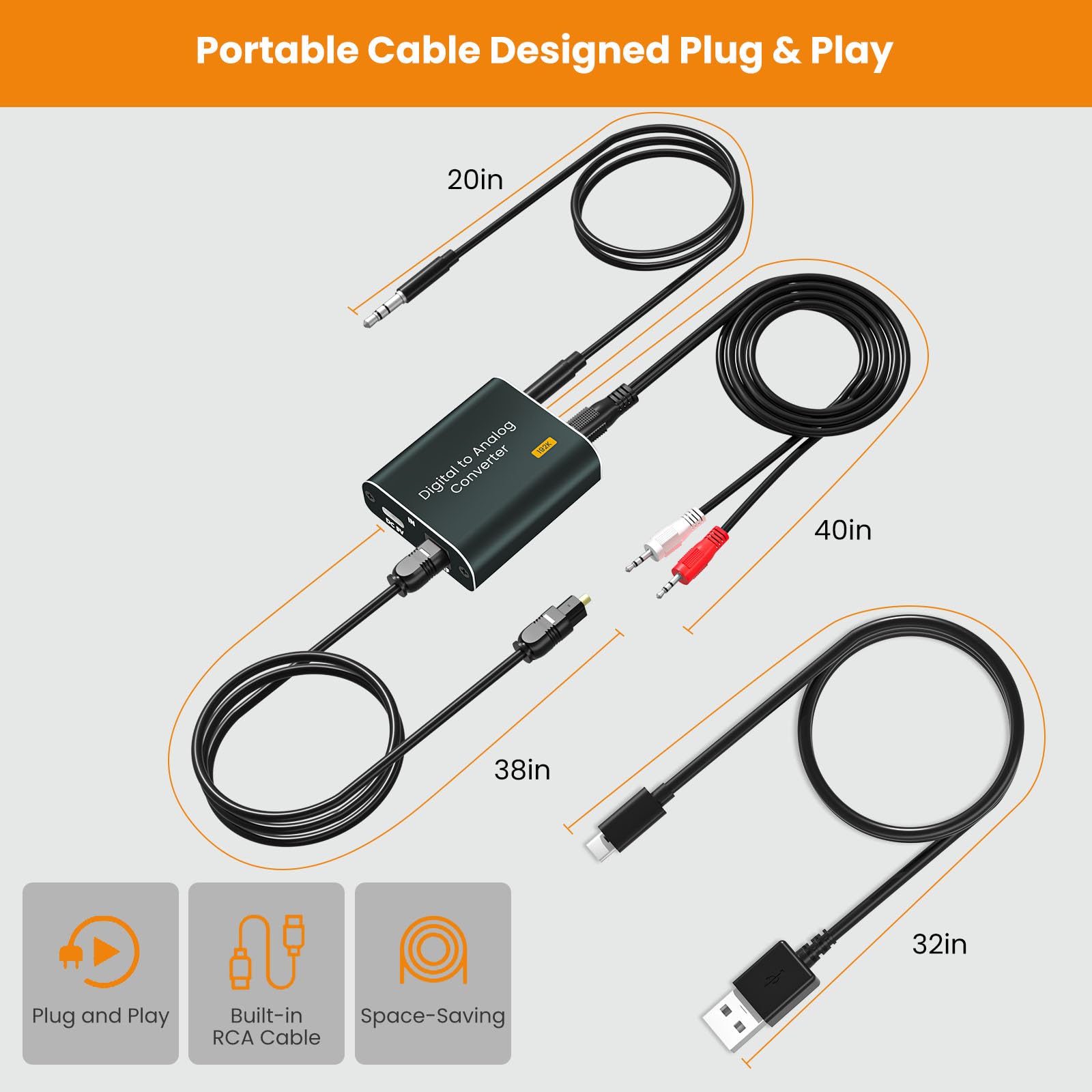 Adaptador Audio Optico a Jack,192 kHz Convertidor Digital a Analógico compatible con salida óptica digital a conector doble de 3,5 mm,Convertidor DAC con Doble Salida Jack 3,5 mm