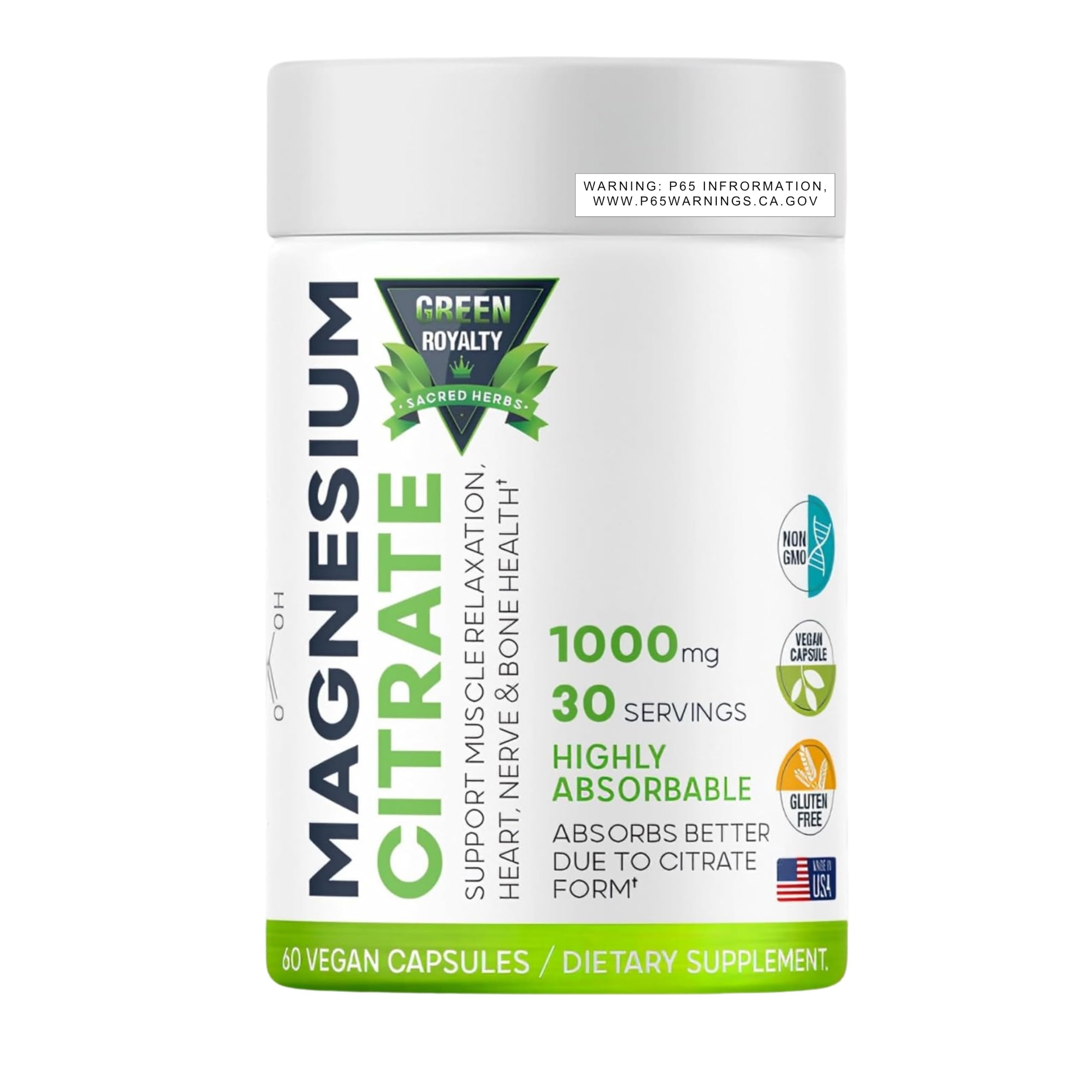 Magnesium Citrate 60 Vegan Capsules 1000mg - Premium Quality- Max Absorption Magnesium Powder Capsules Highly Absorbable Citrate Complex, Gluten Free, Non-GMO - Made in USA - Dietary Supplement.