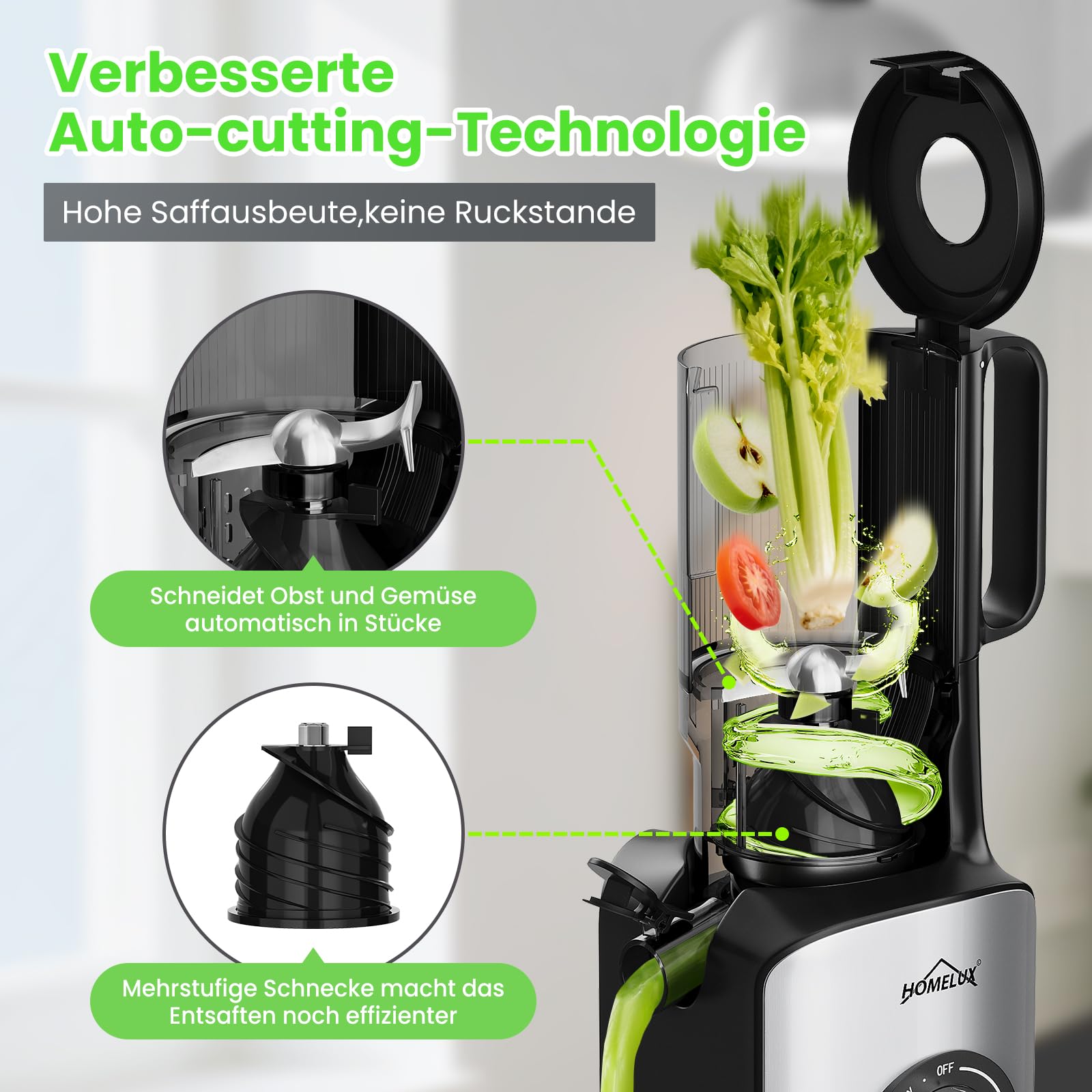 HOMELUX Sokowirówka 220 W Slow Juicer, 126 mm, otwór wlotowy do całych warzyw i owoców, elektryczna wyciskarka z 2 filiżankami, szczotka do czyszczenia, nie zawiera BPA, łatwa do czyszczenia, srebrna