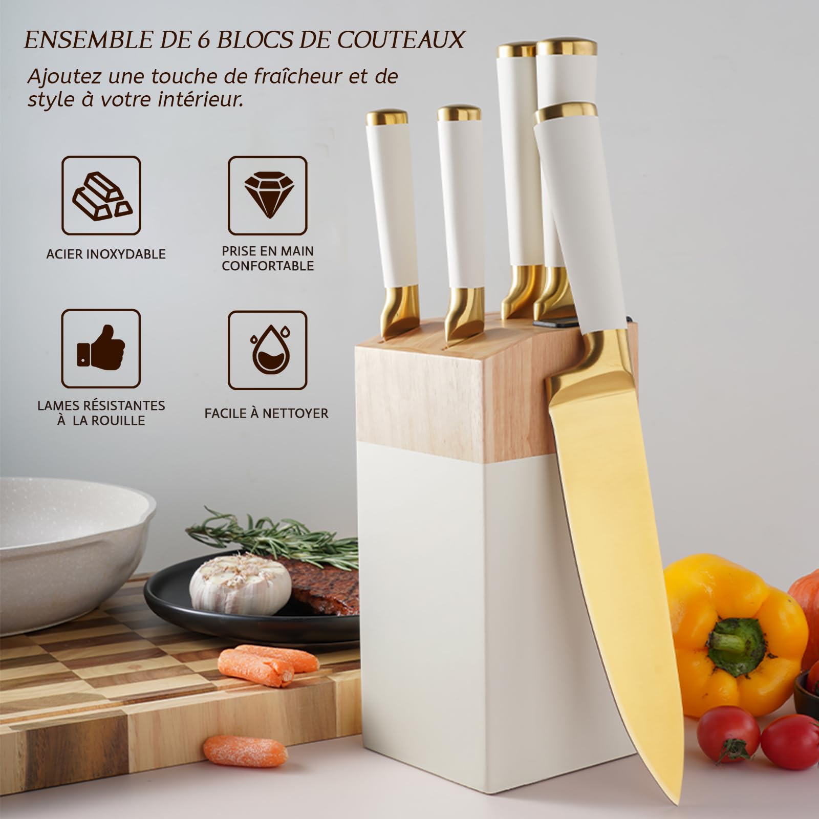 Ensemble de Couteaux de Cuisine, 6 Couteaux En Acier Inoxydable Blanc Avec Bloc, Bloc de Couteaux Ultra Tranchant Avec Manche Confortable, Couteau de Chef Pour La Cuisine Maison