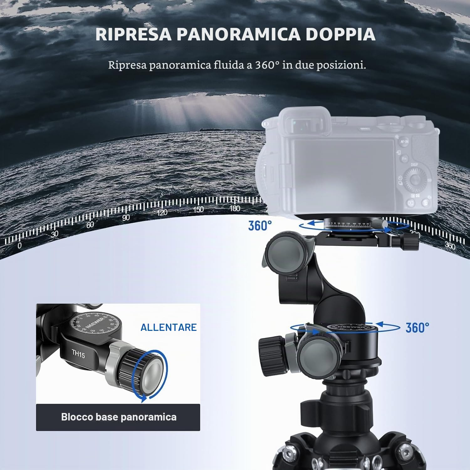 NEEWER Testa Treppiede a 3 Vie con Piastra QR Arca a 360°, Micro Regolazione Millimetrica, Testa a 3 Assi Pan Incli in Lega di Alluminio con Cambio Rapido Doppia Modalità Grande e Fine, Max 6kg, TH15