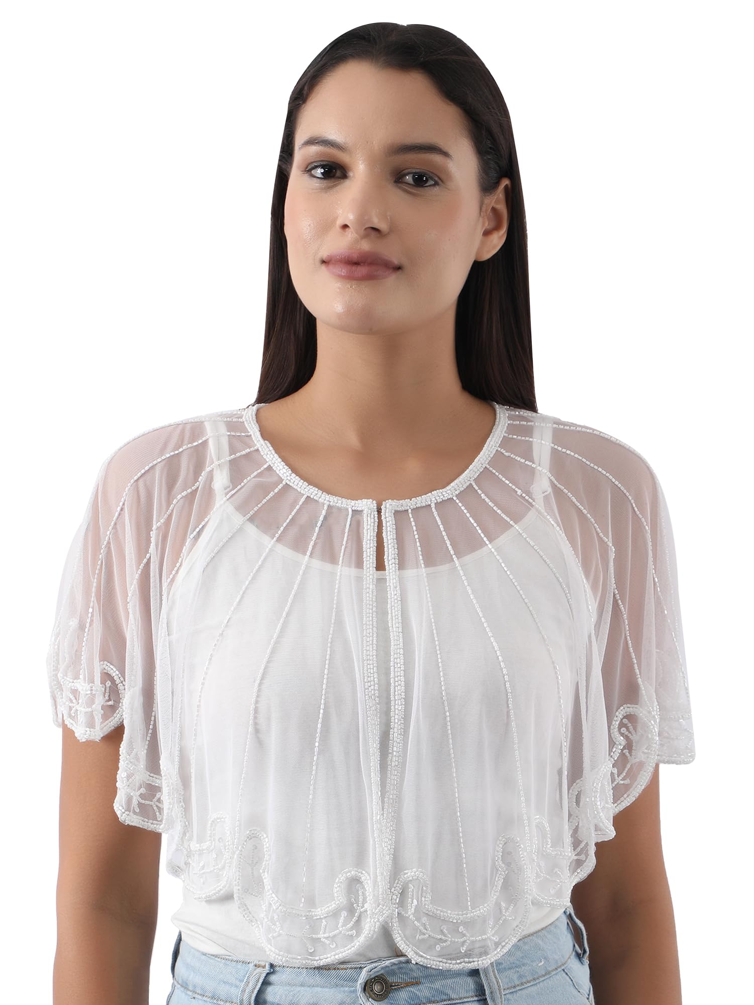 Liva Women's Net Cape Shrug, Orange with Black Embroidery, Elegant Hand Beaded Poucho Style, Free Size-picture-53