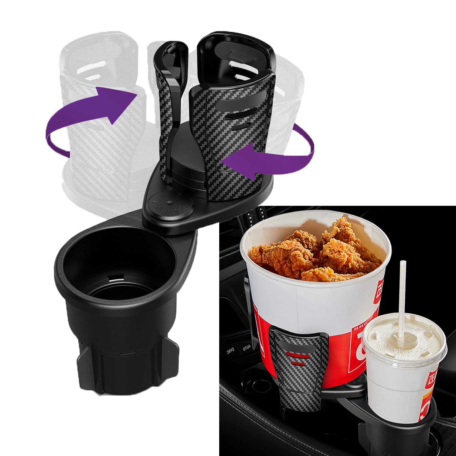 The Latest Upgrade Cup Holder Expander for Car, 2-in-1 Multifunction Car Drink Expander Adapter, Car Dual Cup Mount, Mount Extender with 360° Rotating Adjustable Base Extra Cup Holders for Most Cups