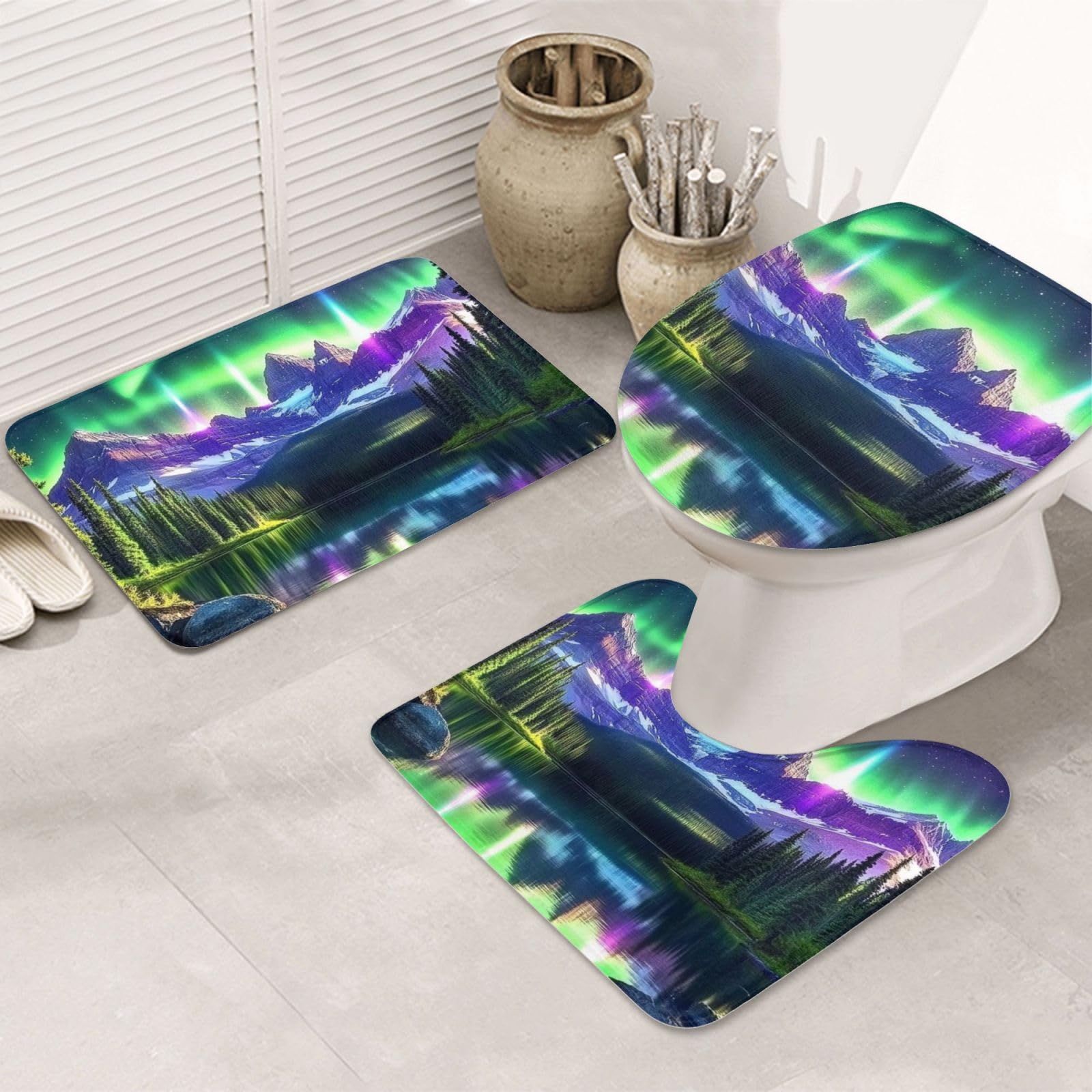 Juego de 3 alfombras de baño para evitar suelos mojados y resbaladizos con diseño de montañas