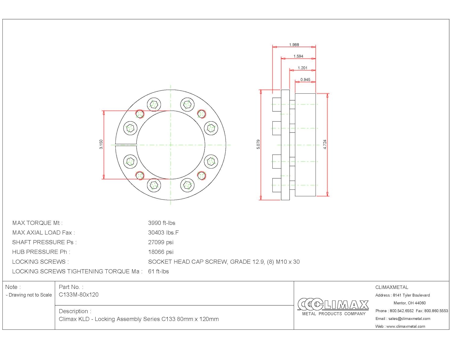 C133M-80X120 Series 133 Locking Assembly, Steel, 3.15" ID, 1.97" Width, 80 mm Shaft Diameter