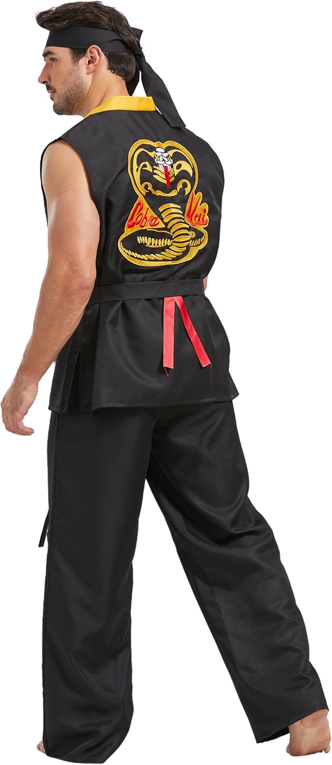 Karate Costume for Men Deluxe Plus Size Halloween Karate Gi Uniform Set with Black Belt Headband Adult Unisex