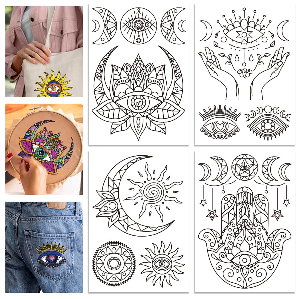 GLOBLELAND 4 Sheets Hamsa Hand Water Soluble Stabilizer Tarot Evil Eye Hand Embroidery Stick and Stitch for DIY Sewing Embroidery Adhesive Hand Sewing Stabilizers 11.7x8.3inch