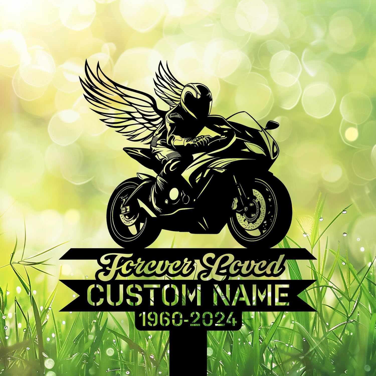 Personalized Motorcycle Memorial Stake – Angel Rider Grave Marker 12–24 inch, Loss Gift for Dad or Son (Angel Sport Biker)