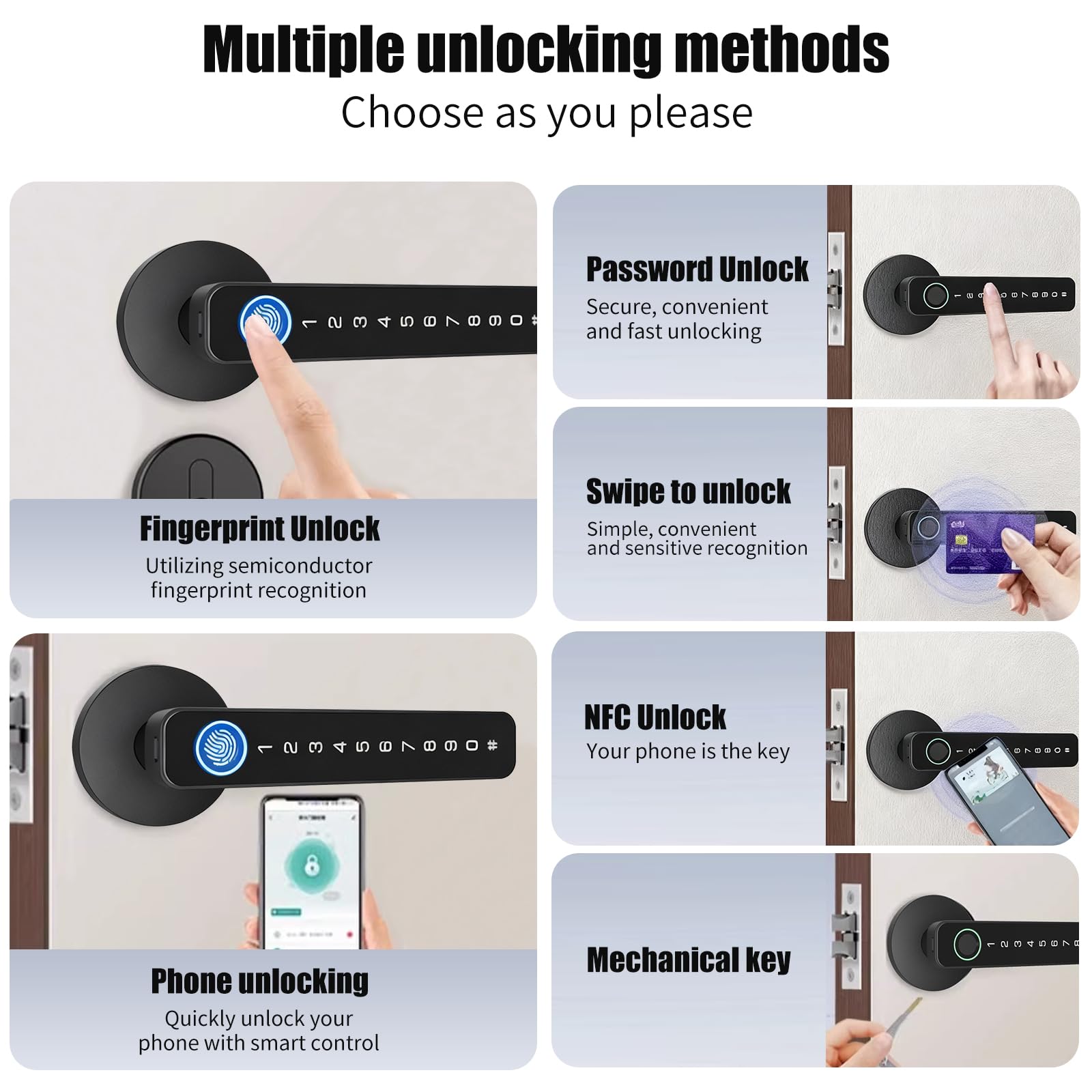 Serrure de Porte Intelligente 5 en 1 avec Empreinte Digitale, Télécommande APP, Carte IC, Code, Clé, Empreinte Digitale, Serrure Intelligente pour Maison, Appartement, Bureau, Hôtel (Circulaire)