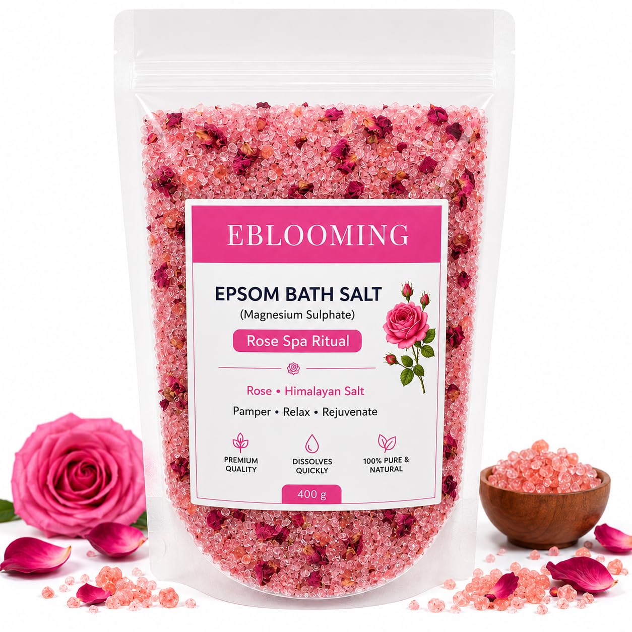 Rose Spa Ritual Epsom Bath Salt 400g | Magnesium Sulphate Crystals with Rose Petals & Himalayan Pink Salt | Foot Soak, Bucket Bath & Bathtub Bath Salt for Relaxation, Body Aches & Skin Pampering-image-0