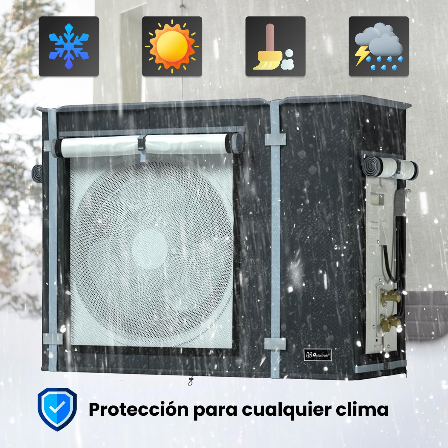Custodia protettiva per aria condizionata esterna, impermeabile, unità esterna HVAC poliestere, 420D Oxford, protezione UV con rete di ventilazione anti-umidità, sistema di regolazione (nero, 86 x 35