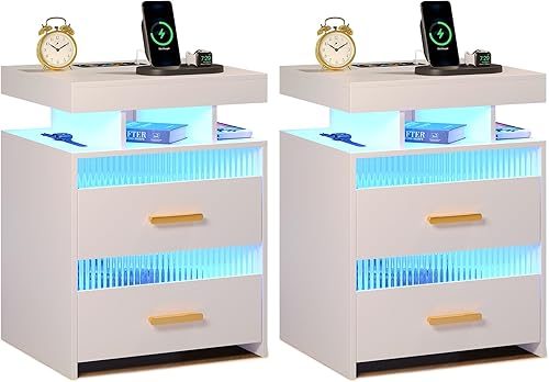 Miniatura 1 de Juego de 2 mesitas de noche inteligentes con luces mesita de noche LED con estación de carga, mesas de sofá con sensor humano y cajones para