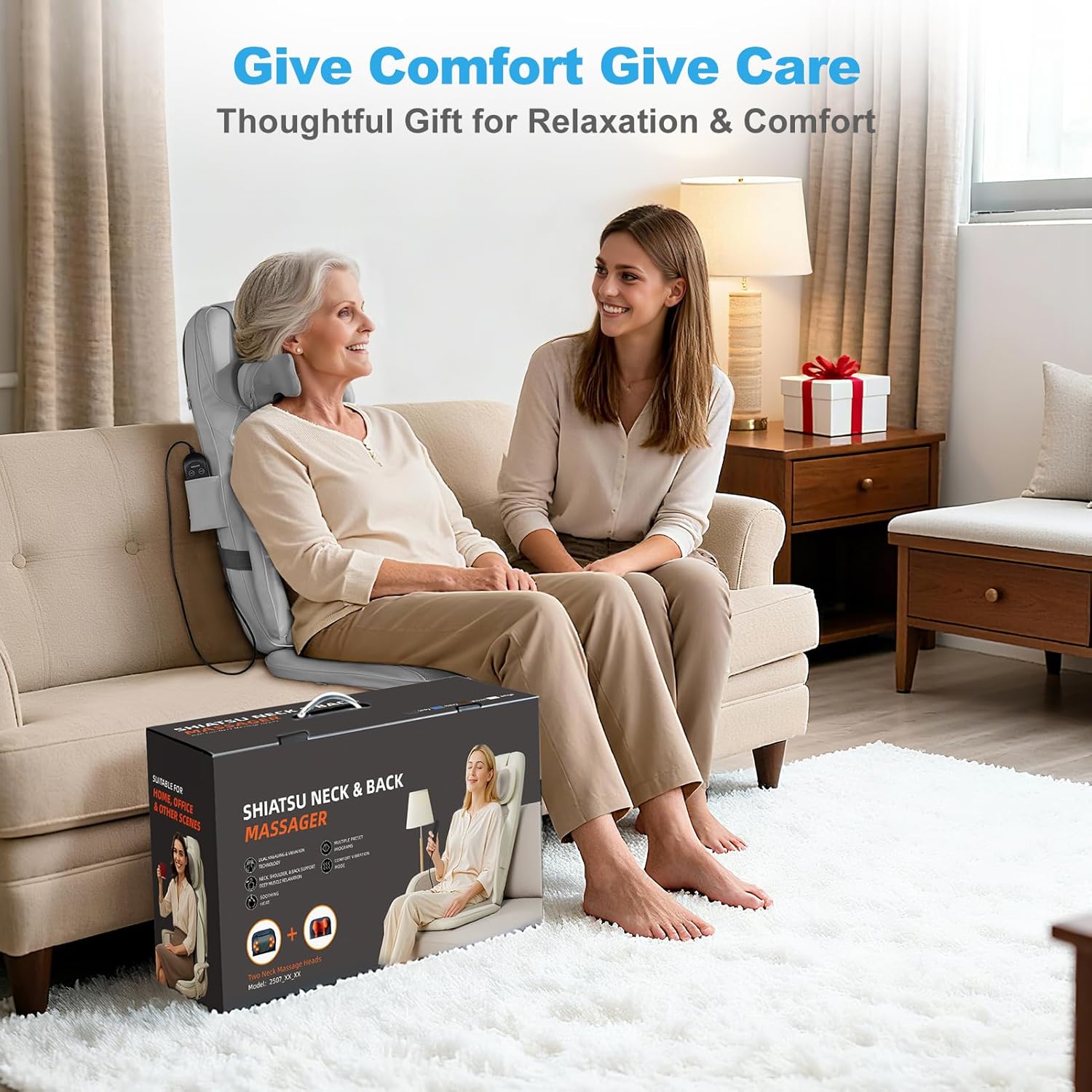 Shiatsu Neck and Back Massager with Heat - 3D Kneading & Vibration Full-Back Massage Cushion to Ease Muscle Stiffness, Adjustable Intensity & Height for Office Chair, Home Use (Grey)