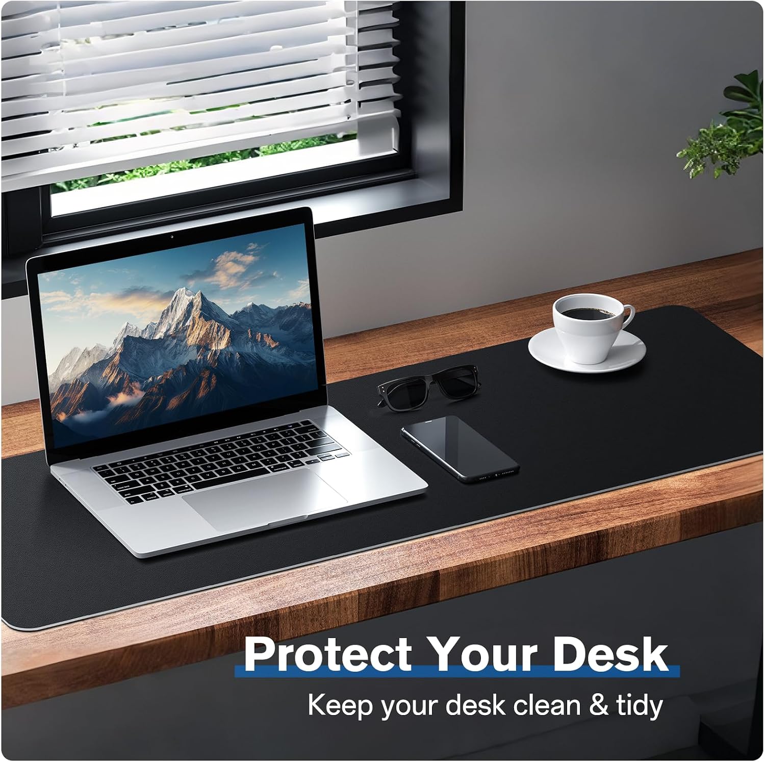 Leather Desk Mat Protector, Mouse Pad, Non-Slip PU Leather Desk Blotter, Suitable for Gamer, Office & Home - 31.5 x 11.8 in, Black - 6