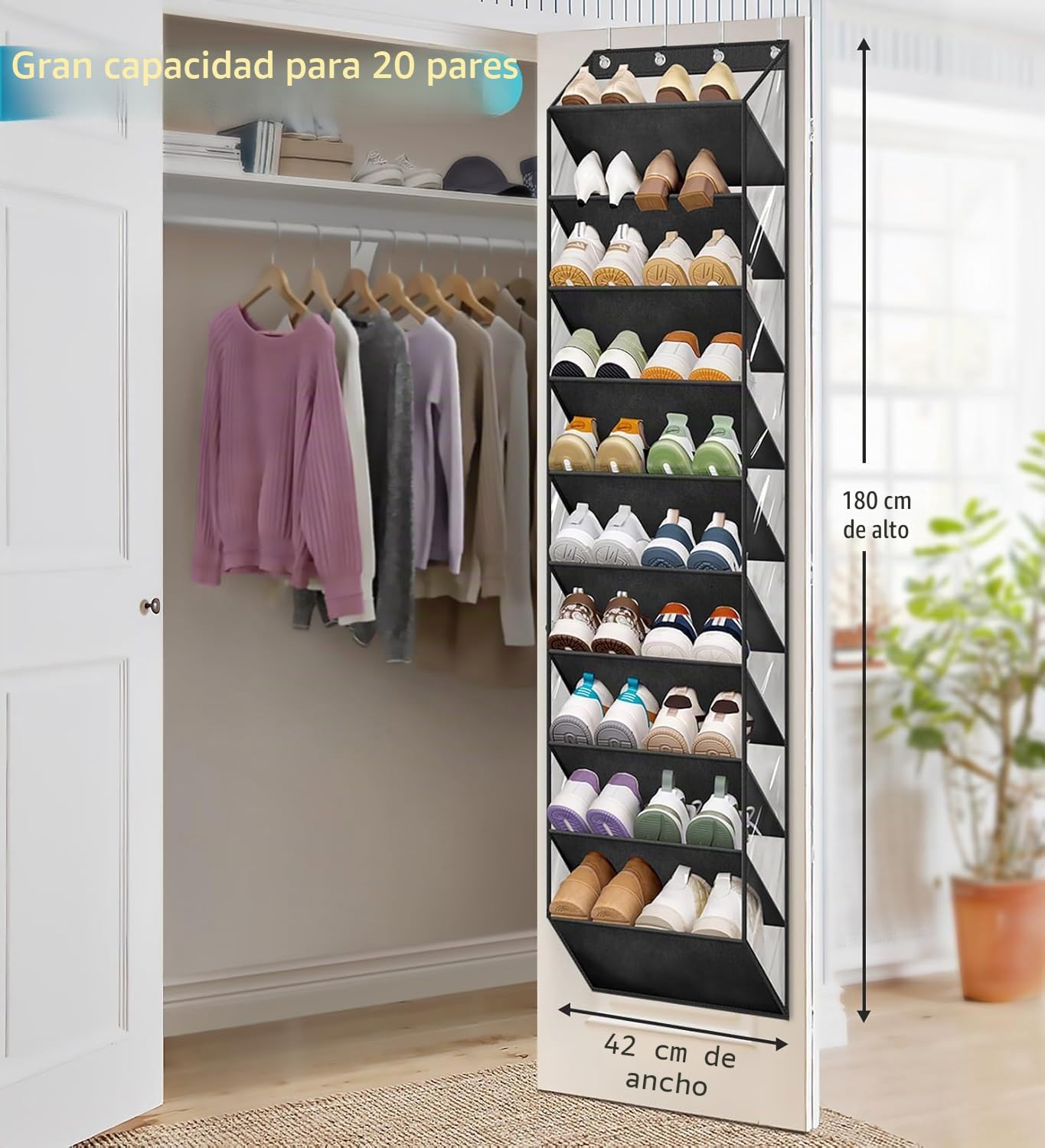 MISSLO Organizador de zapatos de 10 niveles para colgar sobre la puerta, estante para zapatos transparente con bolsillos profundos, gran soporte para zapatos en la parte trasera de la puerta, para 20