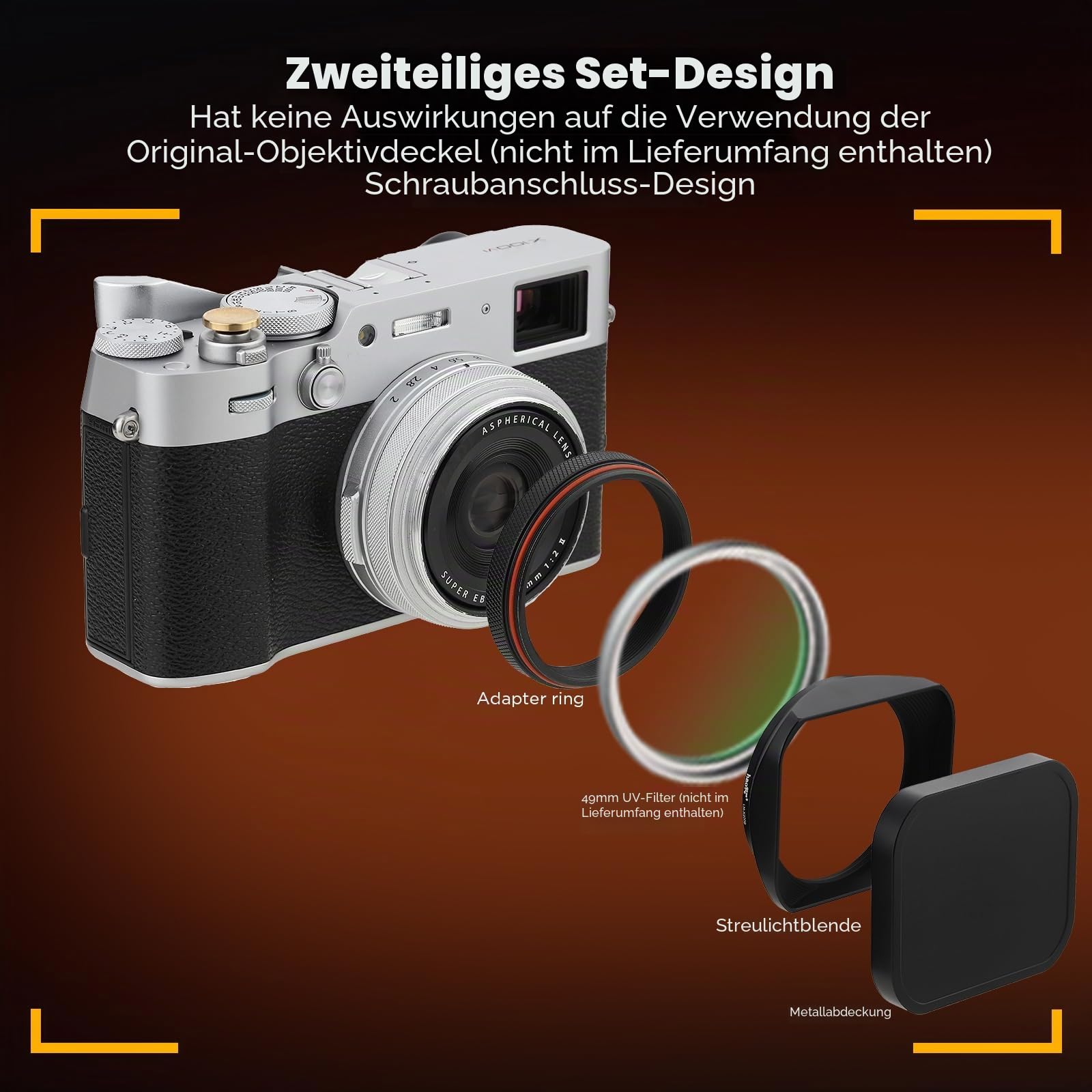 Haoge LH-X200B Gegenlichtblende aus Metall mit 49 mm Adapterring und Metallkappe für Fujifilm X100VI Fuji X100V X100F X100T X100S X70 Kamerazubehör schwarz
