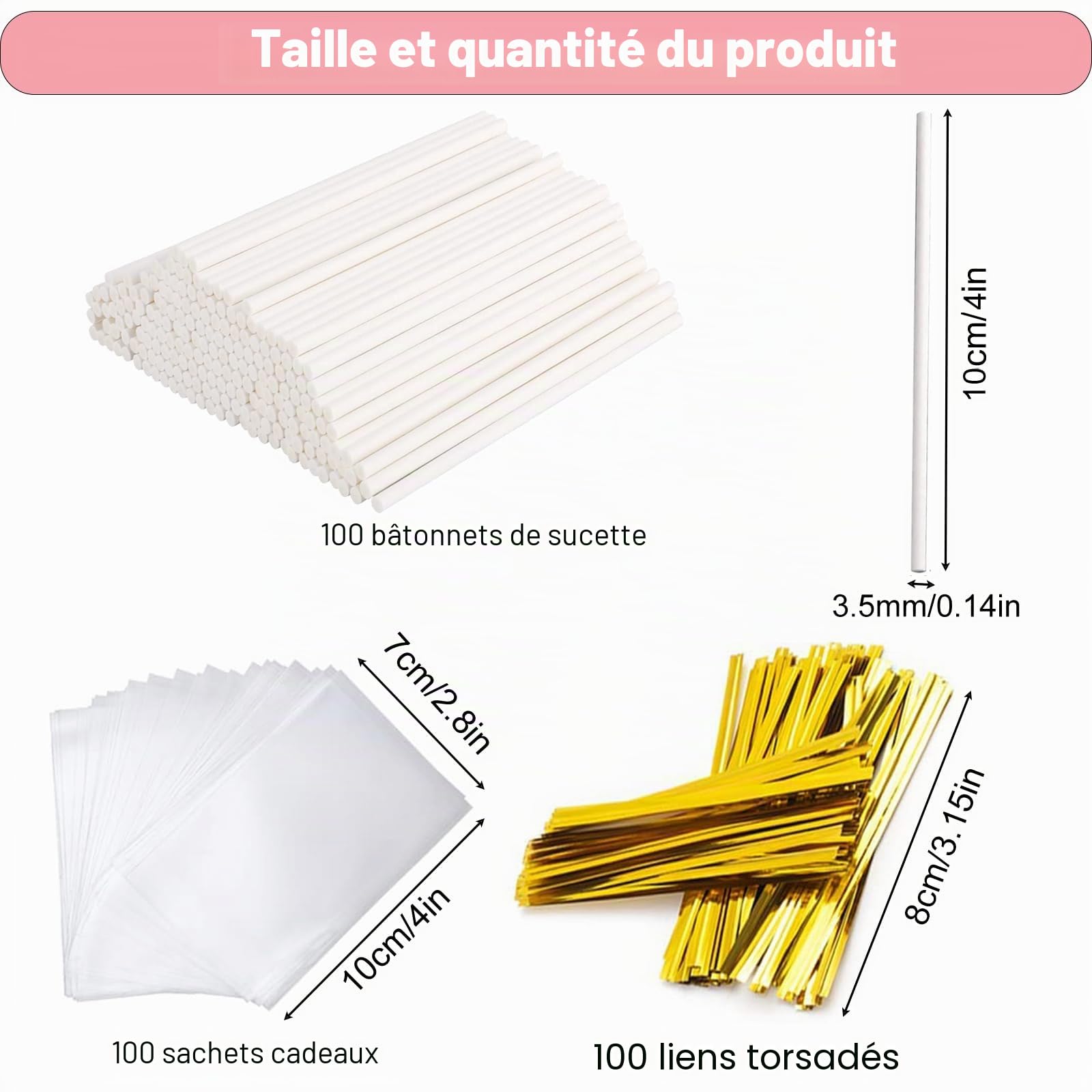 Set de Bâtonnets à Cake Pop 300 Pièces - 10cm Bâton Sucette, Sacs à Colis, Liens Torsadés