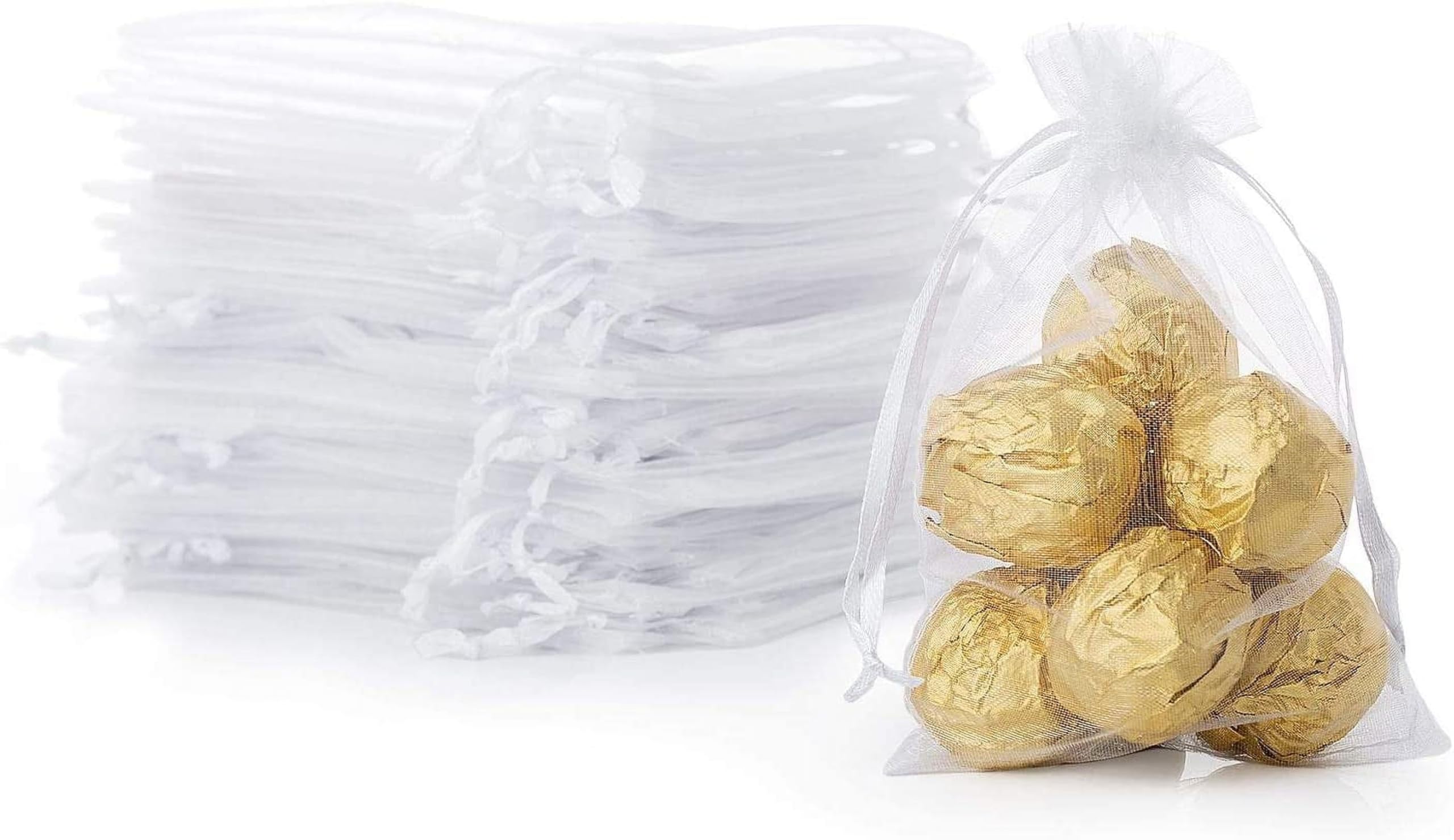 10X14 Cms Organza Return Gift Bags|Drawstring Pouches for Wedding | Jewellery Pouch Potli Bags | Sheer Transparent Net Tissue Potli Bags (White Colour) Pack Of 50-image-23