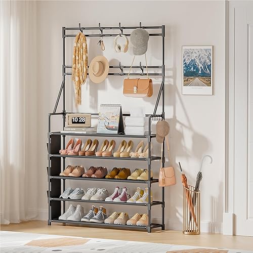 Miniatura 6 de OYREL Zapatero de 5 niveles, organizador de zapatos de 20 a 25 pares para armario, entrada, organizador de almacenamiento de zapatos con ganchos y