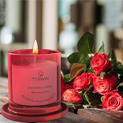 Miniatura 6 de TTRWIN Vela perfumada de rosa, cera de soja natural, tarro de cristal de rosa roja con cúpula de campana, 5.29 oz, 40 horas + vela de aromaterapia