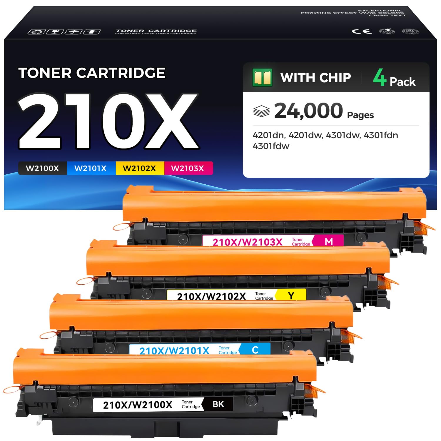 210X High-Yield Toner Cartridge Set 4-Pack Compatible for HP 210X W2100X 210A W2100A for Color LaserJet Pro MFP 4301dw 4301dwe 4301fdn 4301fdne 4301fdw 4301fdwe 4201dn 4201dne 4201dw 4201dwe Printer