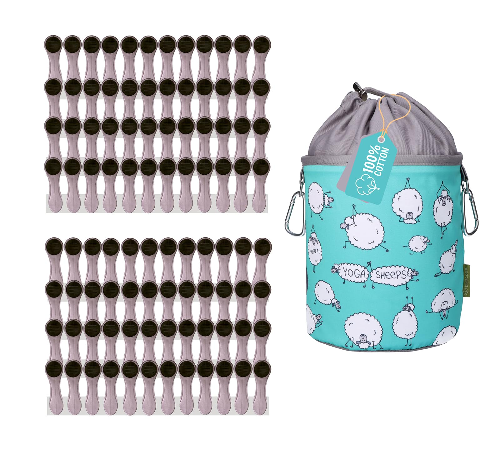 96 Softgrip Wäscheklammern Set Silber-anthrazit mit Wäscheklammerbeutel aus Baumwolle Yoga-Schafe Design, rutschfest, mit Karabiner & Kordelzug, waschbar