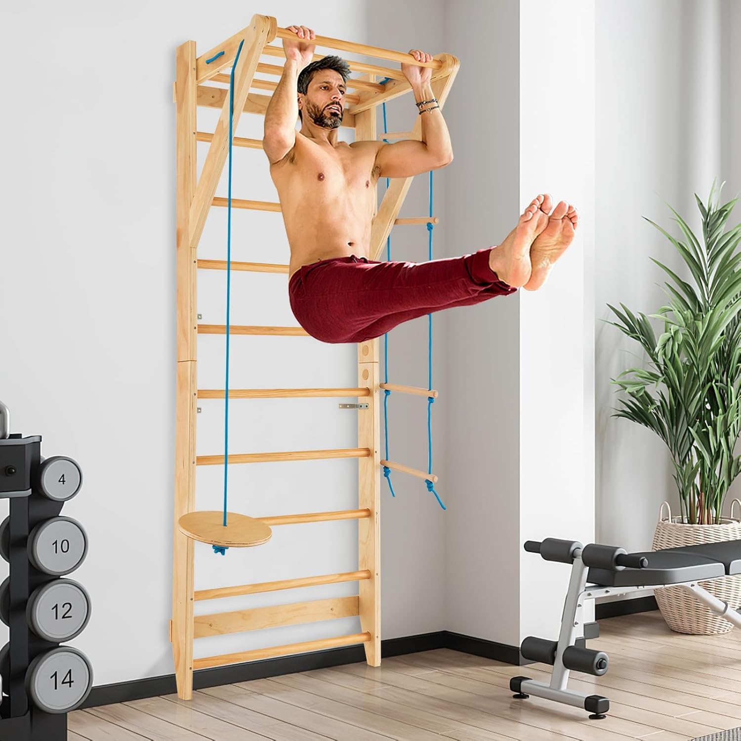 FANTASK Kletterwand Turnwand Holz, Indoor Outdoor Sprossenwand Klettergerüst, Gym Sportgerät, Tragfähigkeit von 100 kg, Natur
