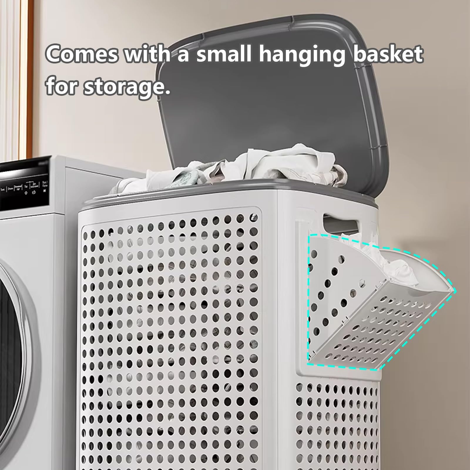 Cesto portabiancheria con coperchio e ruote, design portatile per un facile movimento, stile traforato con manico, ideale per camera da letto, bagno e dormitorio