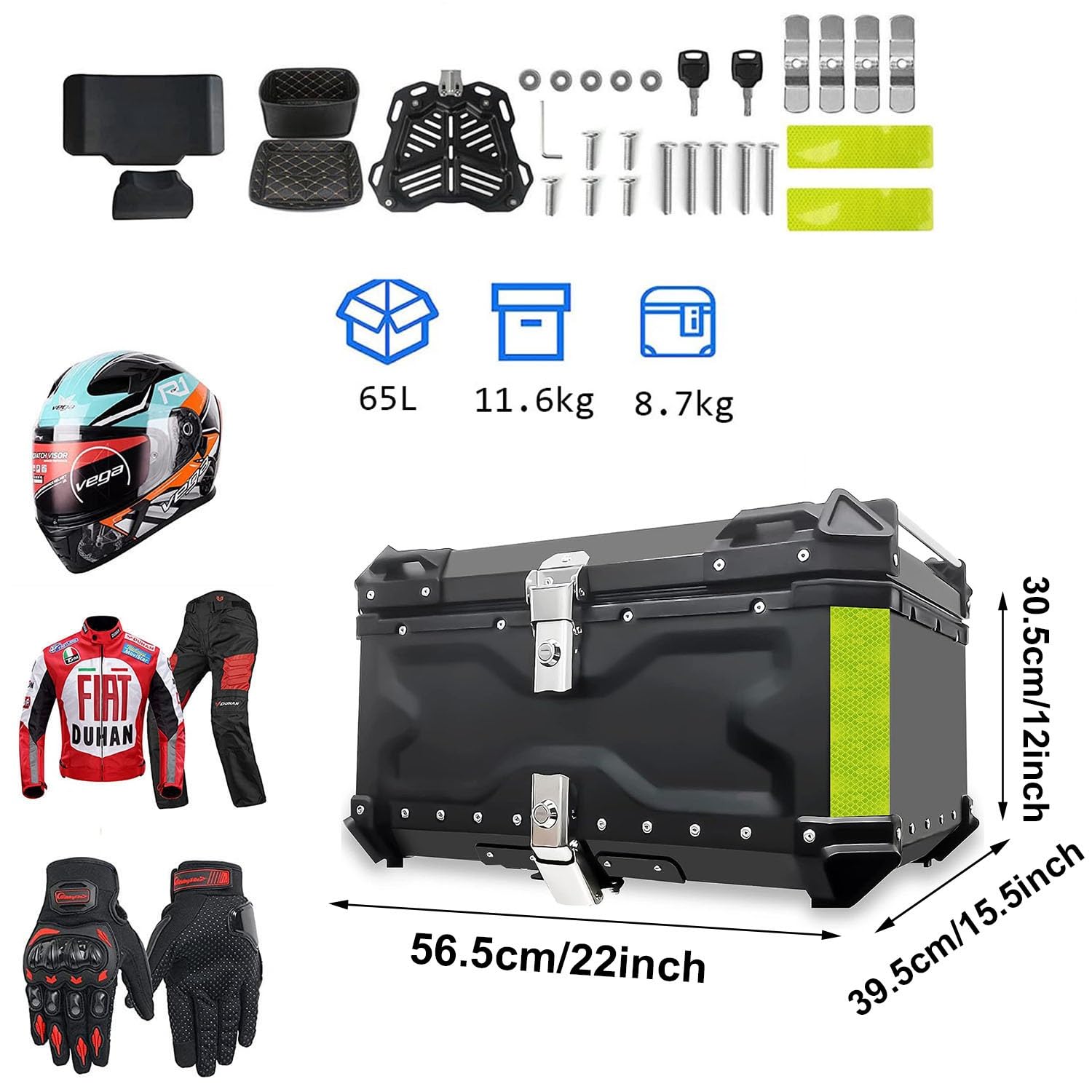 Top Case Universel 65L 80L 100L Coffre De Rangement en Aluminium pour Moto - Topcase Valise Étanche avec Base À Dégagement Rapide et Support De Montage (Noir, 65L)
