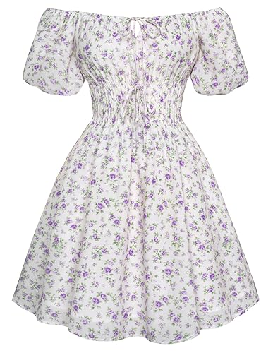 Scarlet Darkness Women's Off The Shoulder Summer Dress Floral Puff Sleeve Renaissance Dresses - Small - White Purple Floral