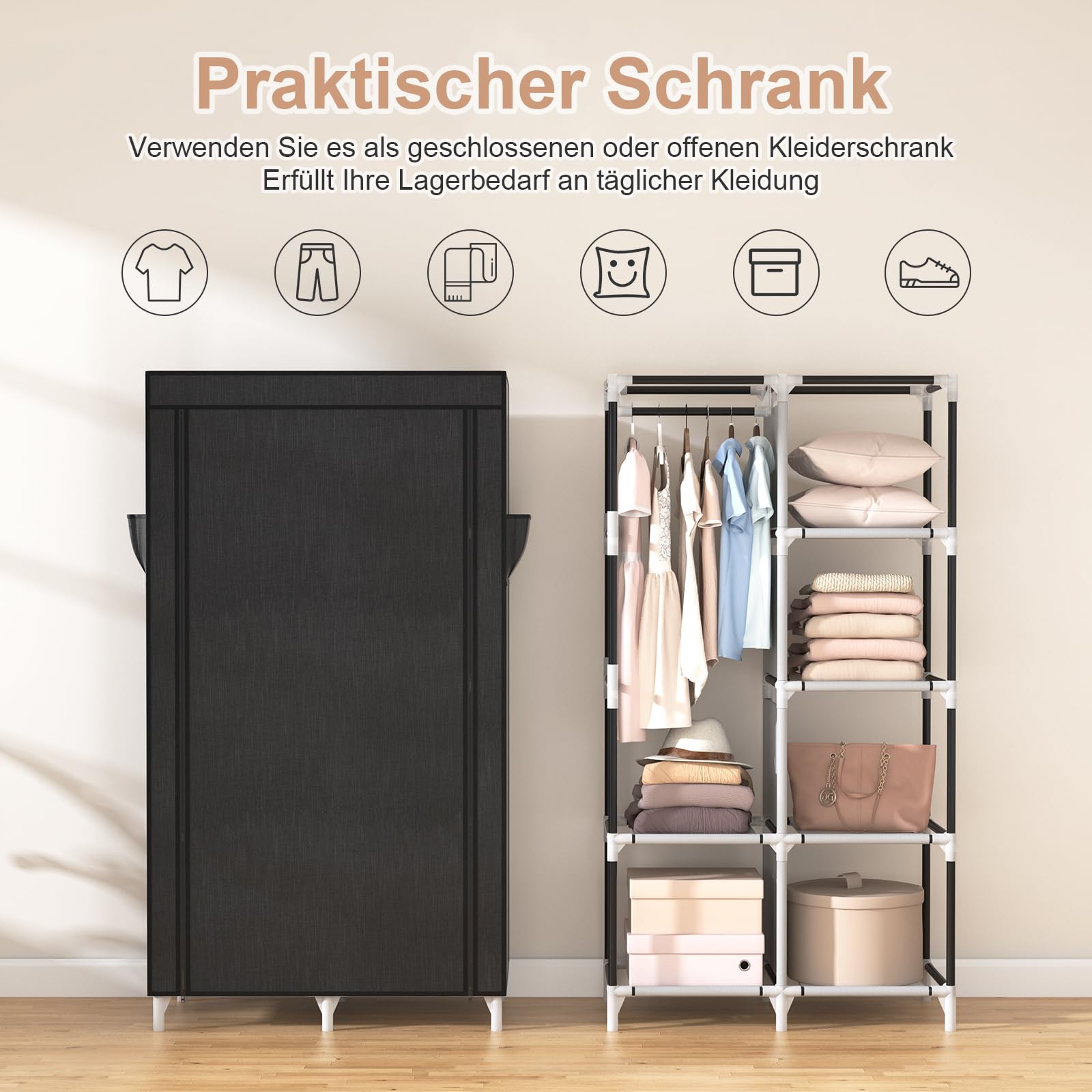 Vicye Kleiderschrank, Stoffschrank mit Kleiderstange, 6 Ablagen, 4 Seitentaschen und Überzug, Kleiderschränke Stabil für Schlafzimmer Ankleidezimmer (Schwarz, 84 x 42 x 162 cm)