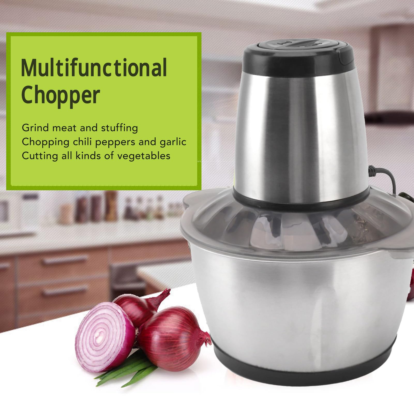 Keuken Mini-Hakmolen,Vleesmolen Met 2 Snelheden,4 Messen Op Twee Niveaus,800 W Keukenmachine,Roestvrijstalen Blenderkom,2L/3L/4L Voedselcapaciteit Zilver,Voor Fruit,Vlees En Babyvoeding,4L